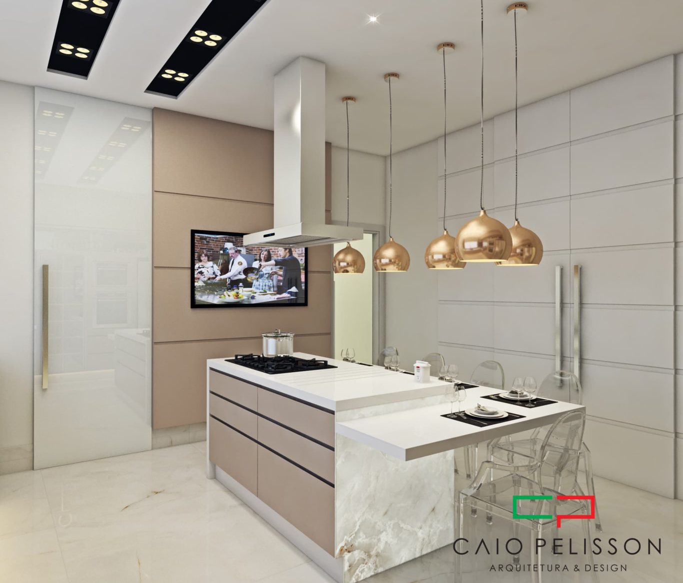 Cozinha Neoclássica com Bancada Clara e Luminárias Douradas