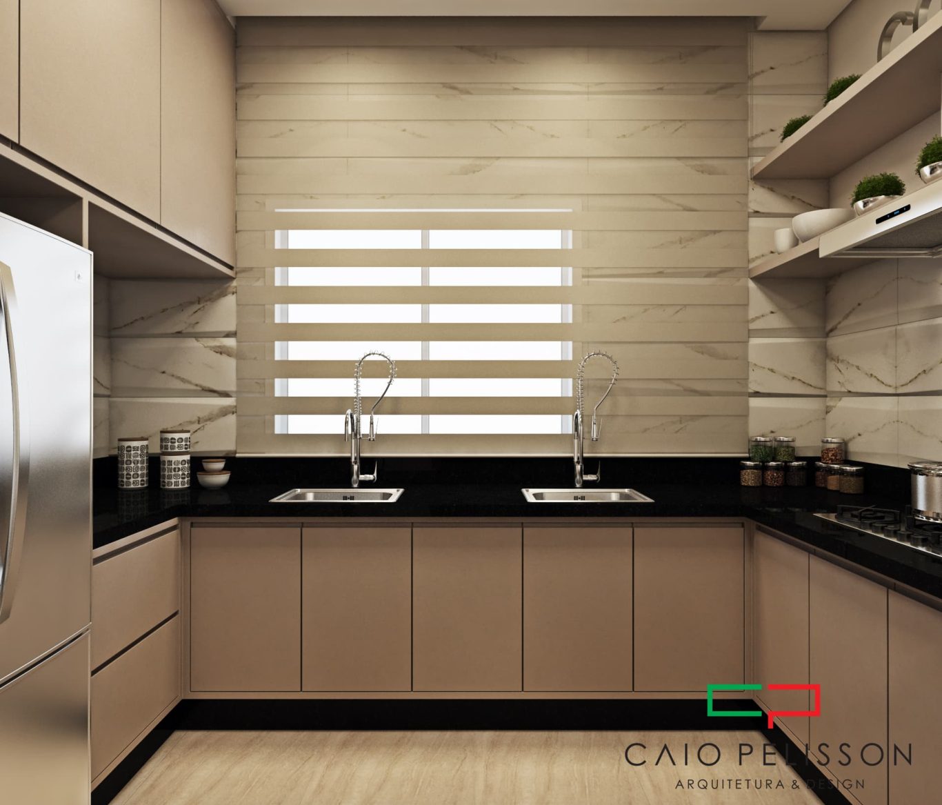 Cozinha Neoclássica com Bancada de Granito Preto e Luminárias