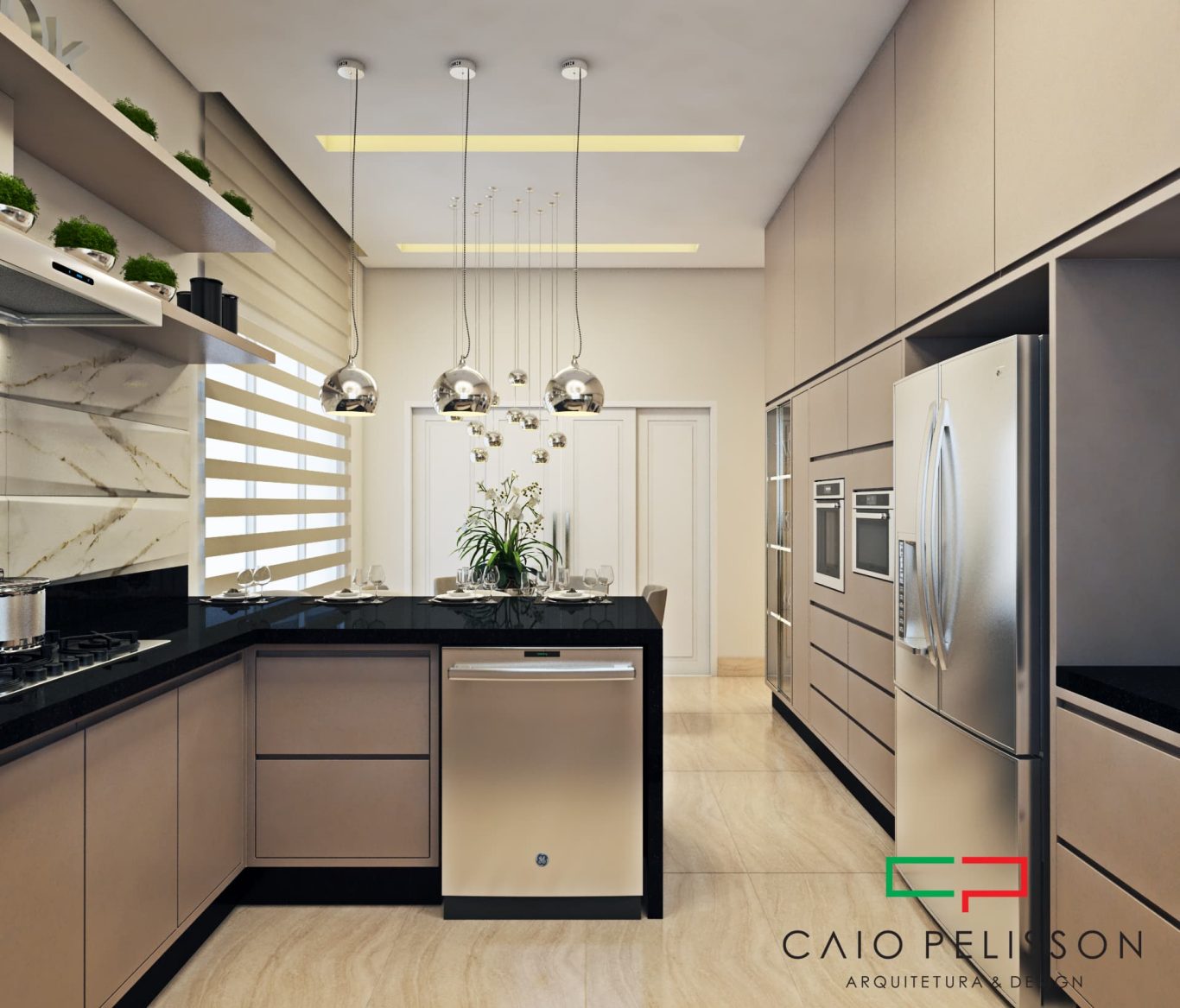 Cozinha Neoclássica com Bancada de Granito Preto e Luminárias