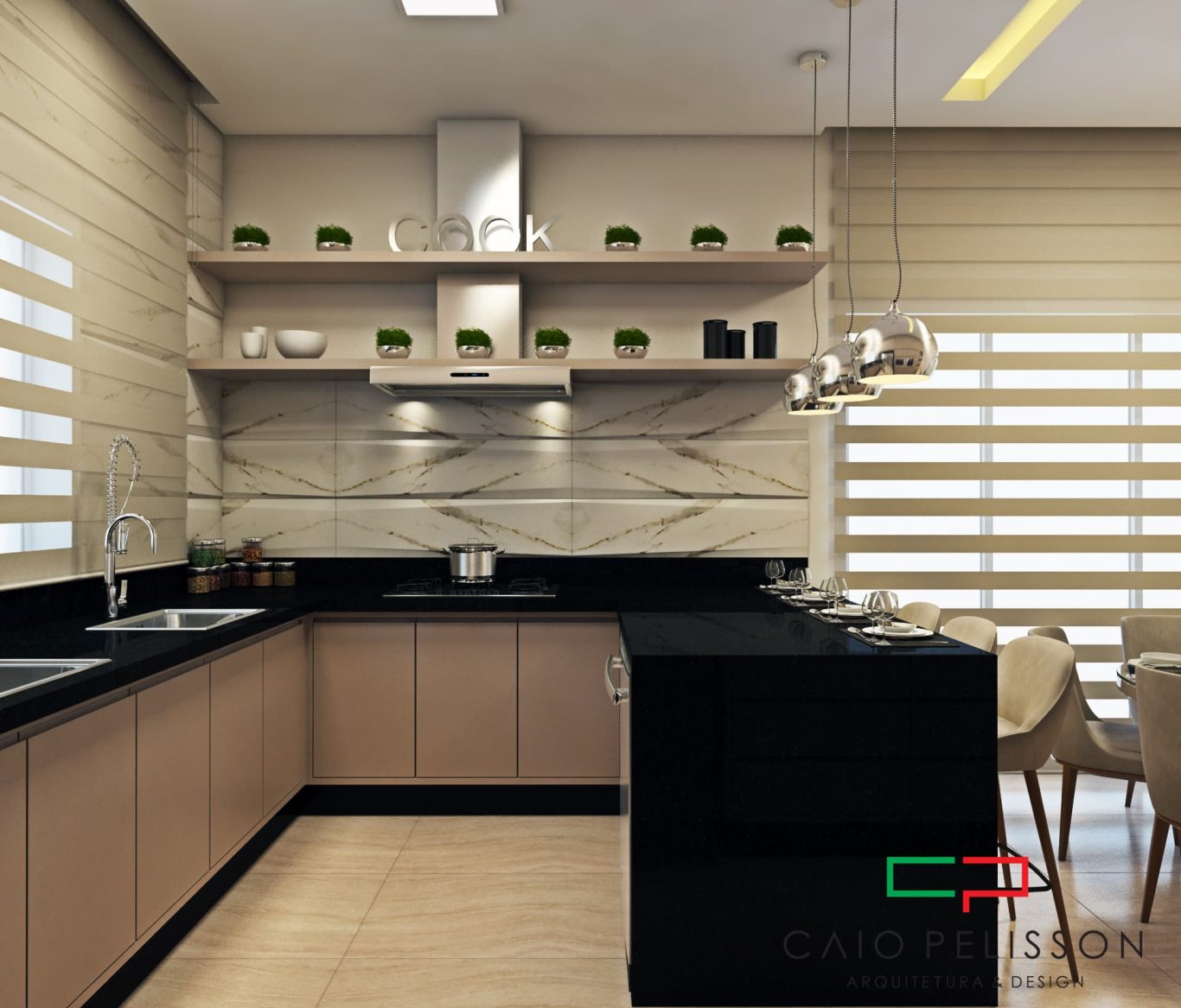 Cozinha Neoclássica com Bancada de Granito Preto e Luminárias