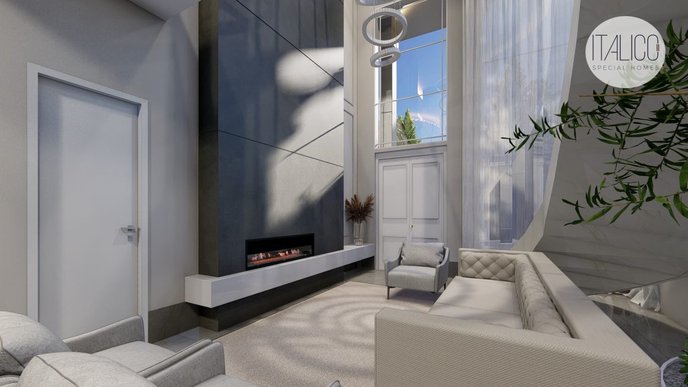 Sala Clássica com Lareira Cinza e Lustre