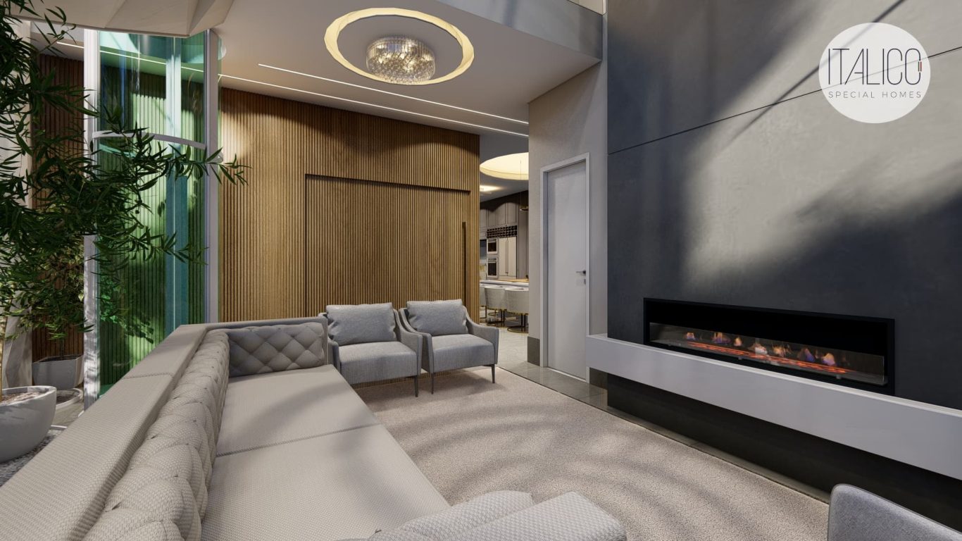 Sala Clássica com Lareira Cinza e Lustre