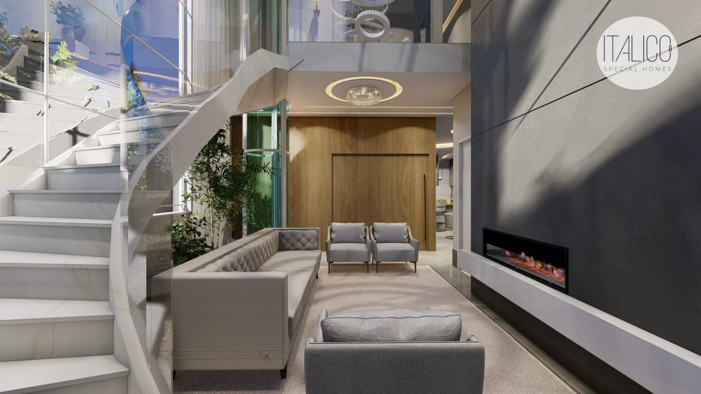 Sala Clássica com Lareira Cinza e Lustre