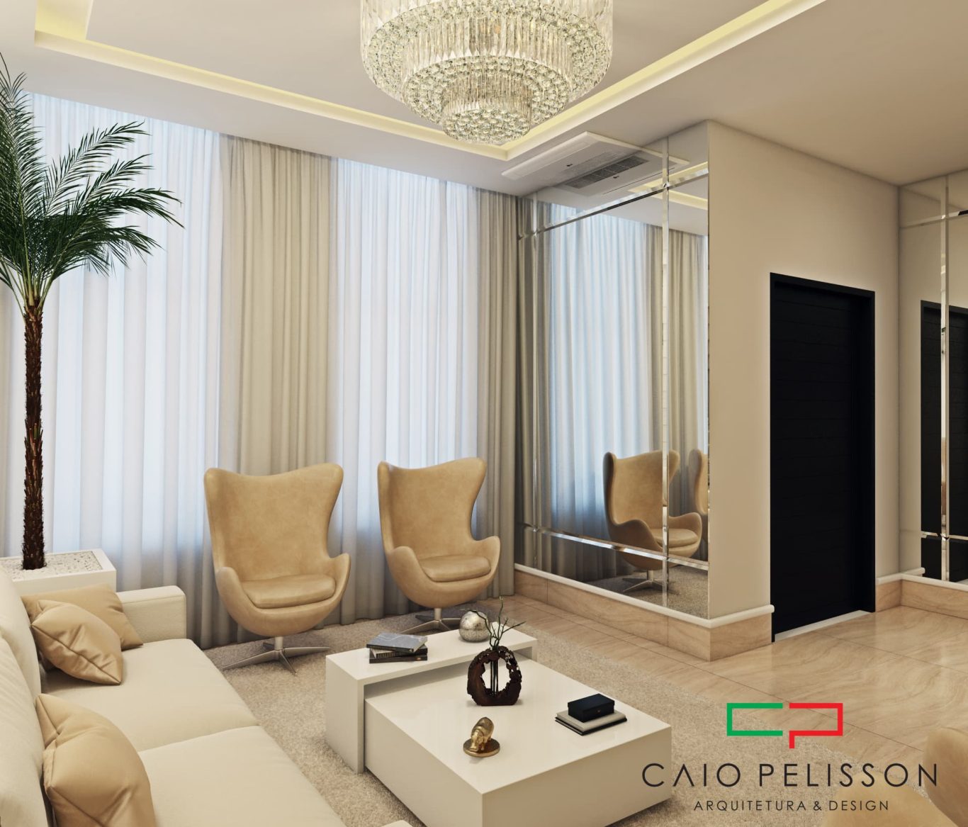 Sala de Estar com Iluminação Embutida e Lustre de Cristal