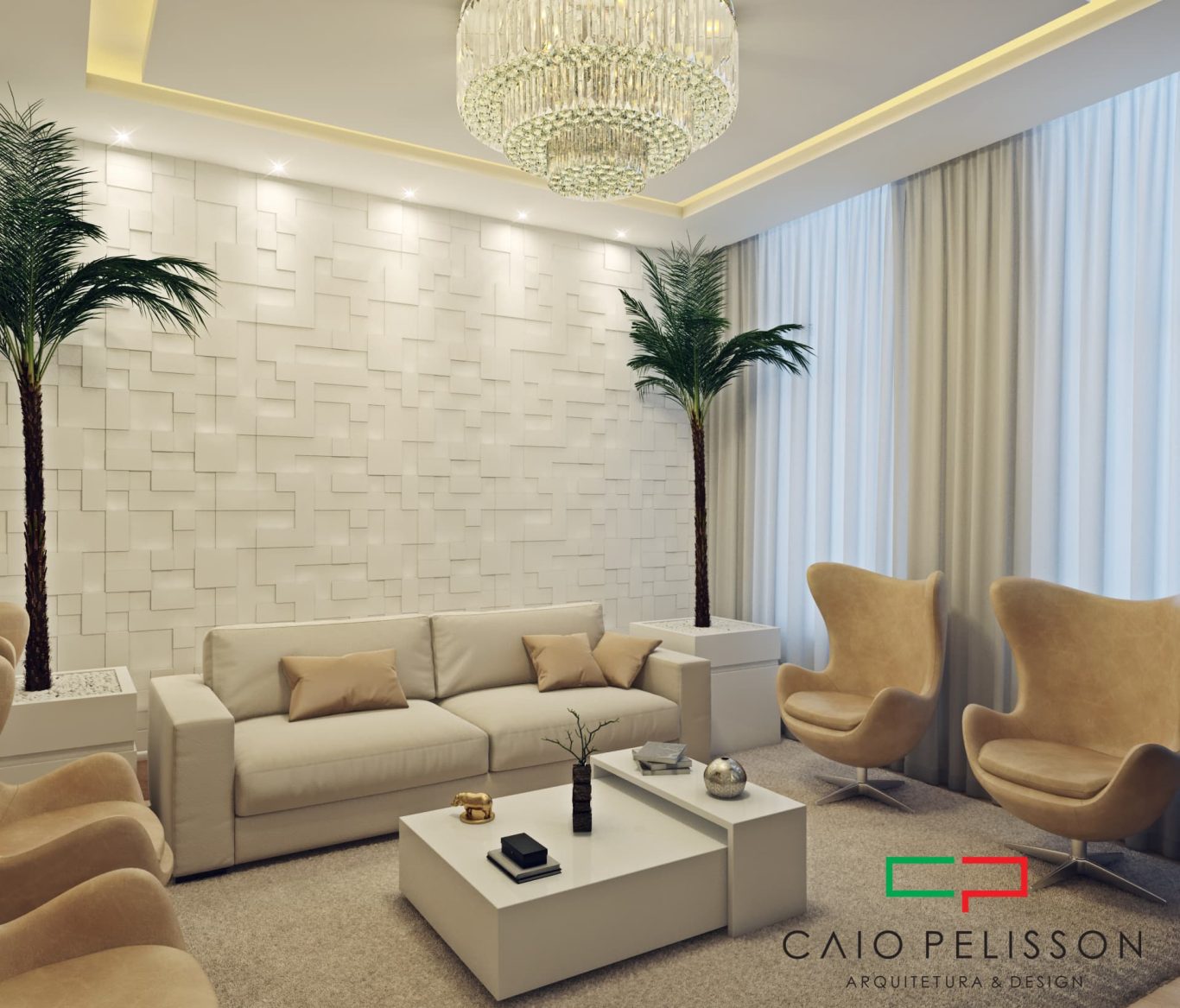 Sala de Estar com Iluminação Embutida e Lustre de Cristal