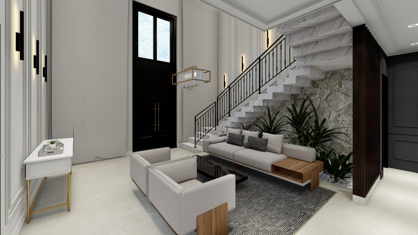 Sala de Estar com Mármore e Lustre Reluzente