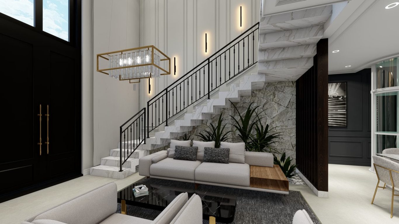 Sala de Estar com Mármore e Lustre Reluzente