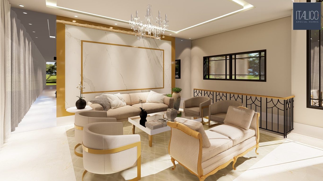 Sala Estilo Clássico com Mármore e Lustre de Cristal