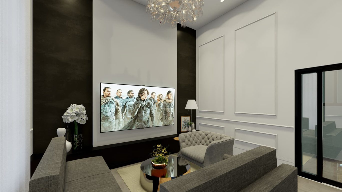 Sala Estilo Neoclássica com Luzes Embutidas e Lustre de Cristal