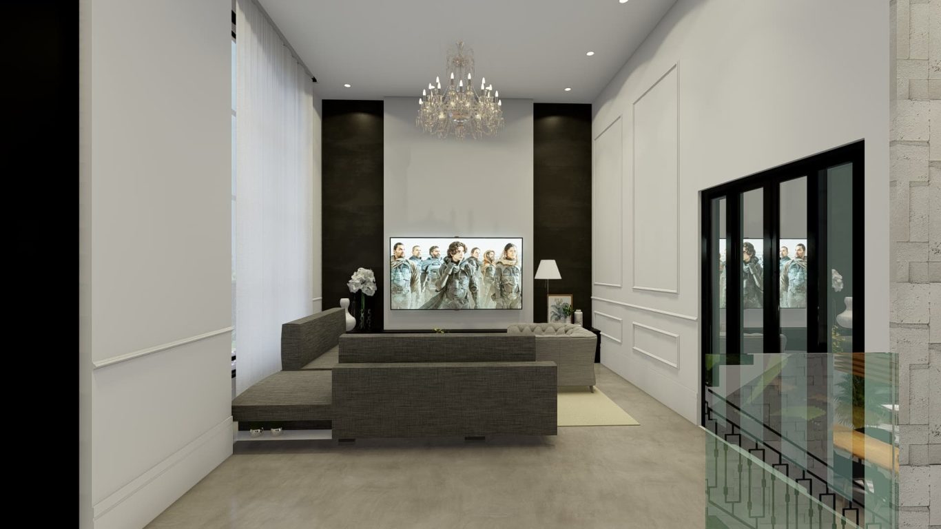 Sala Estilo Neoclássica com Luzes Embutidas e Lustre de Cristal