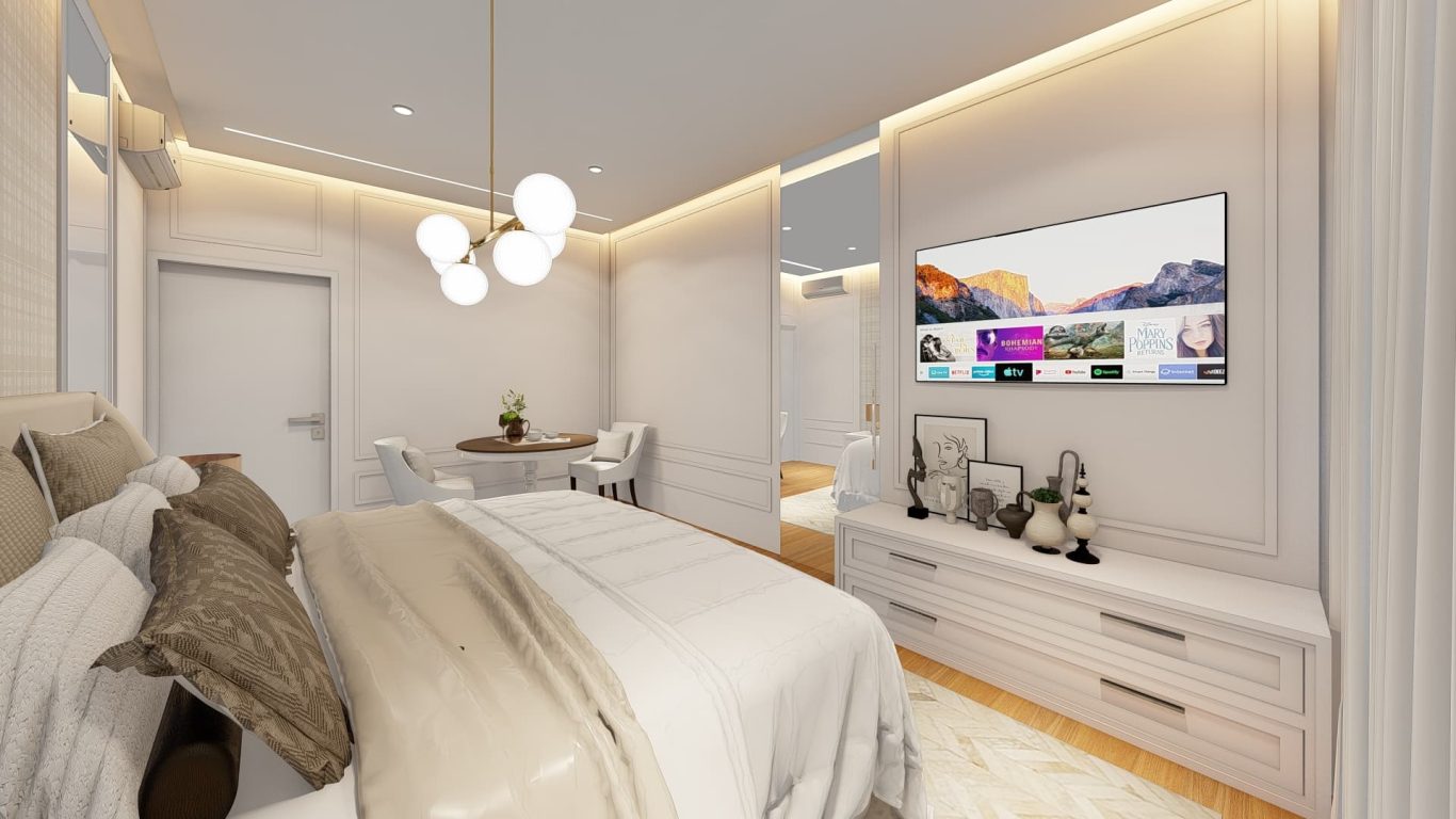 Suíte Clássica com Cama Imponente e Boiseries nas Paredes