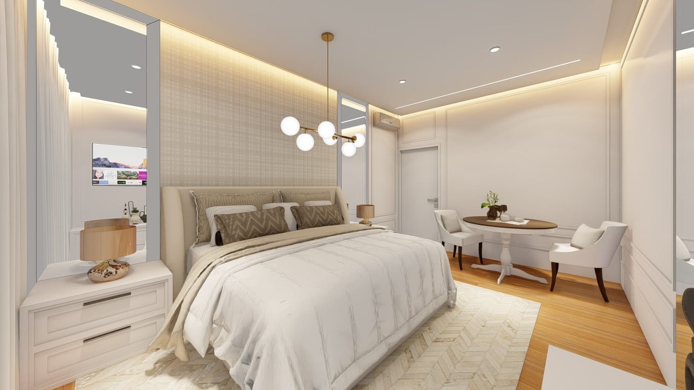 Suíte Clássica com Cama Imponente e Boiseries nas Paredes