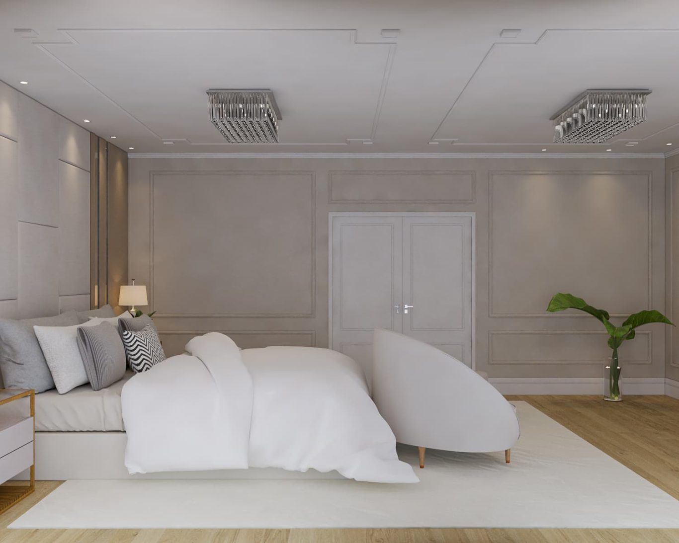 Suíte Clássica com Detalhes em Boiserie e Cama de Destaque