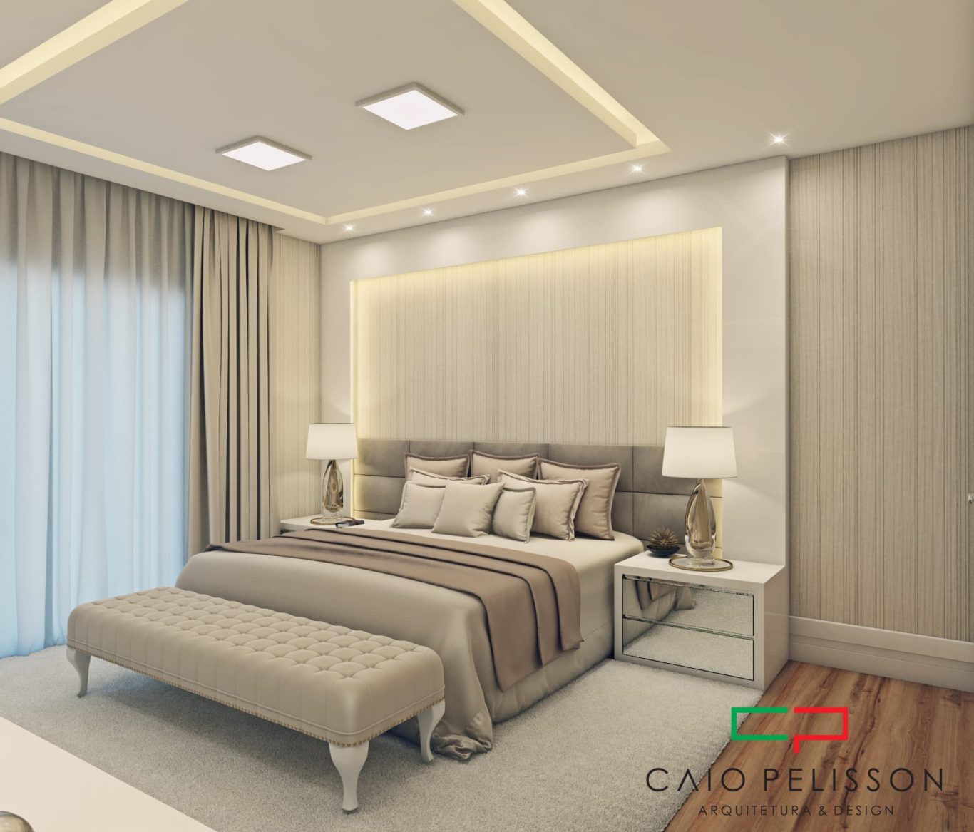 Suíte Elegante com Decoração Estilo Neoclássica e Iluminação Decorativa