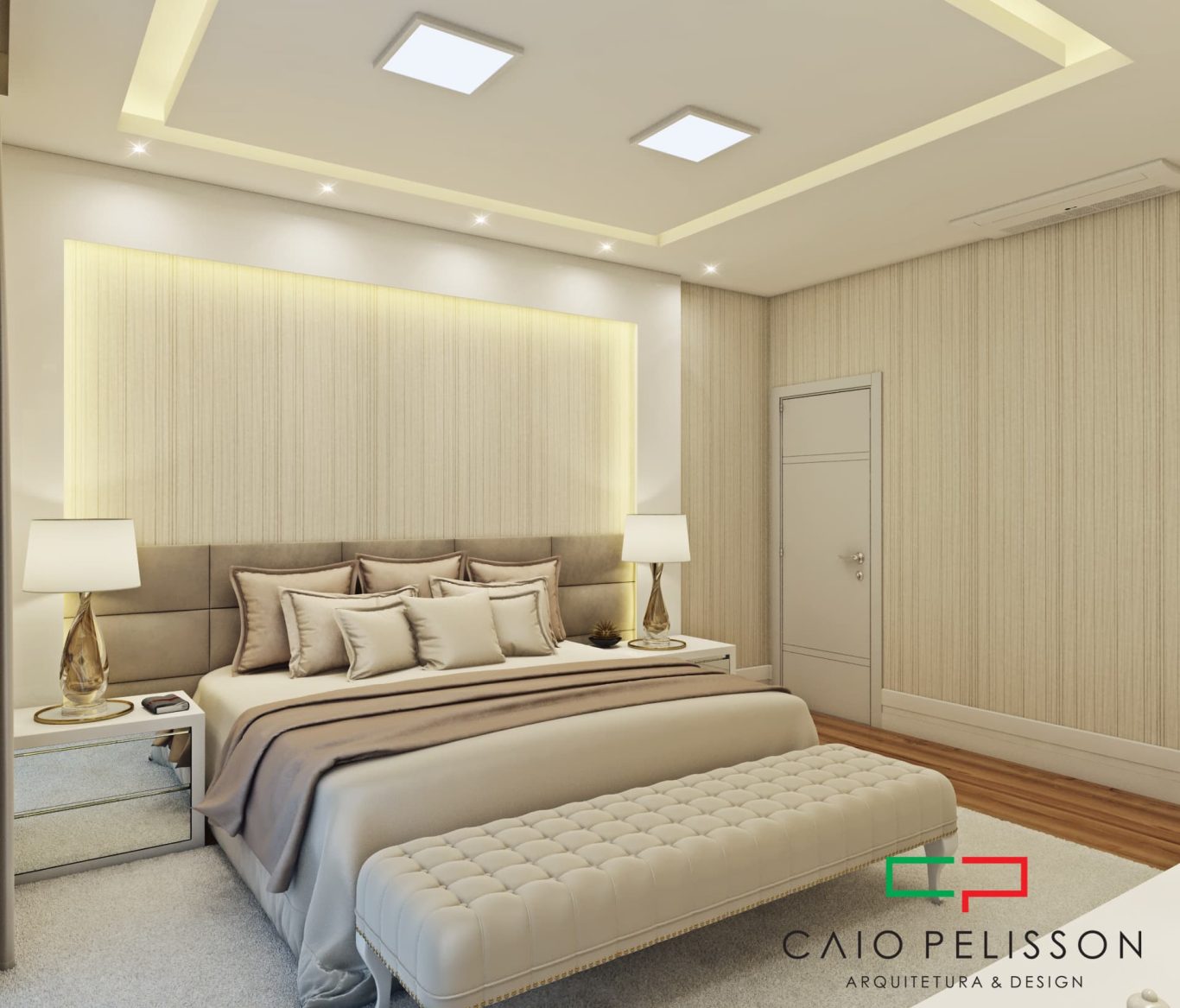 Suíte Elegante com Decoração Estilo Neoclássica e Iluminação Decorativa