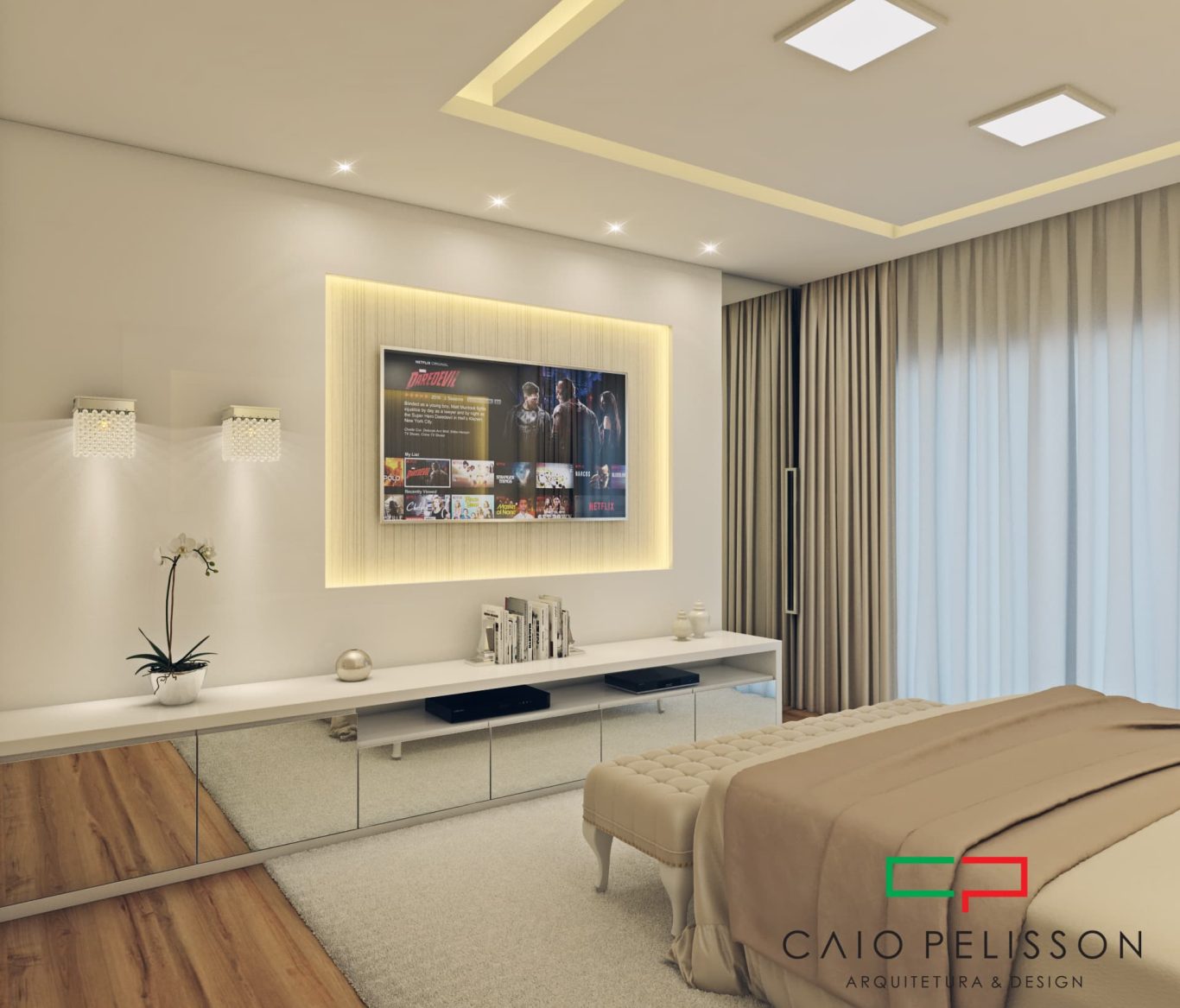 Suíte Elegante com Decoração Estilo Neoclássica e Iluminação Decorativa