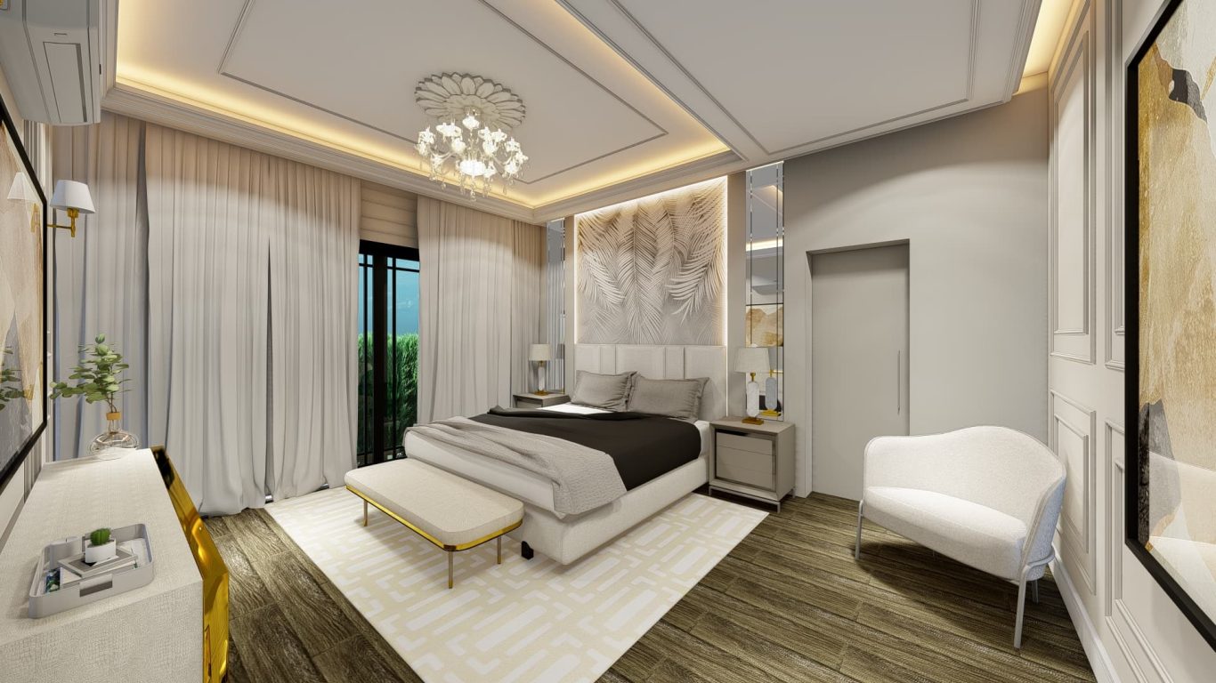 Suíte Elegante com Luminárias Douradas e Móveis Organizados