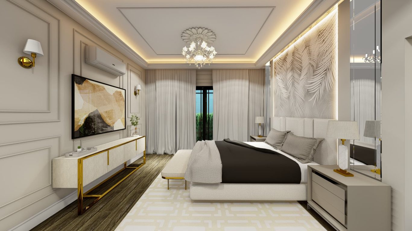 Suíte Elegante com Luminárias Douradas e Móveis Organizados