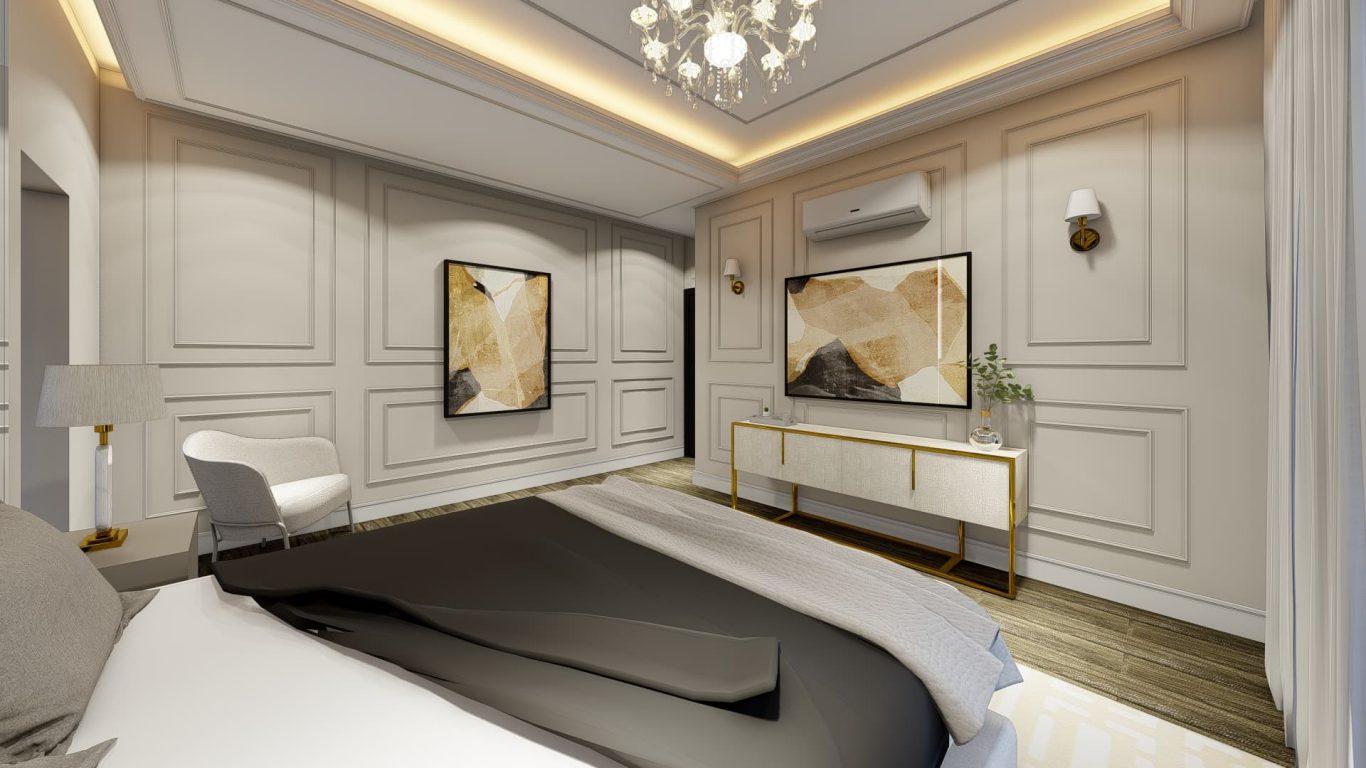 Suíte Elegante com Luminárias Douradas e Móveis Organizados