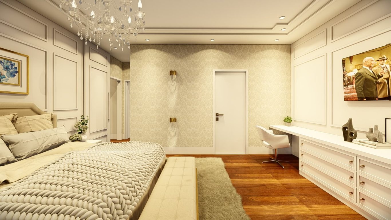 Suíte Estilo Neoclássica com Lustre de Cristal e Cores Neutras