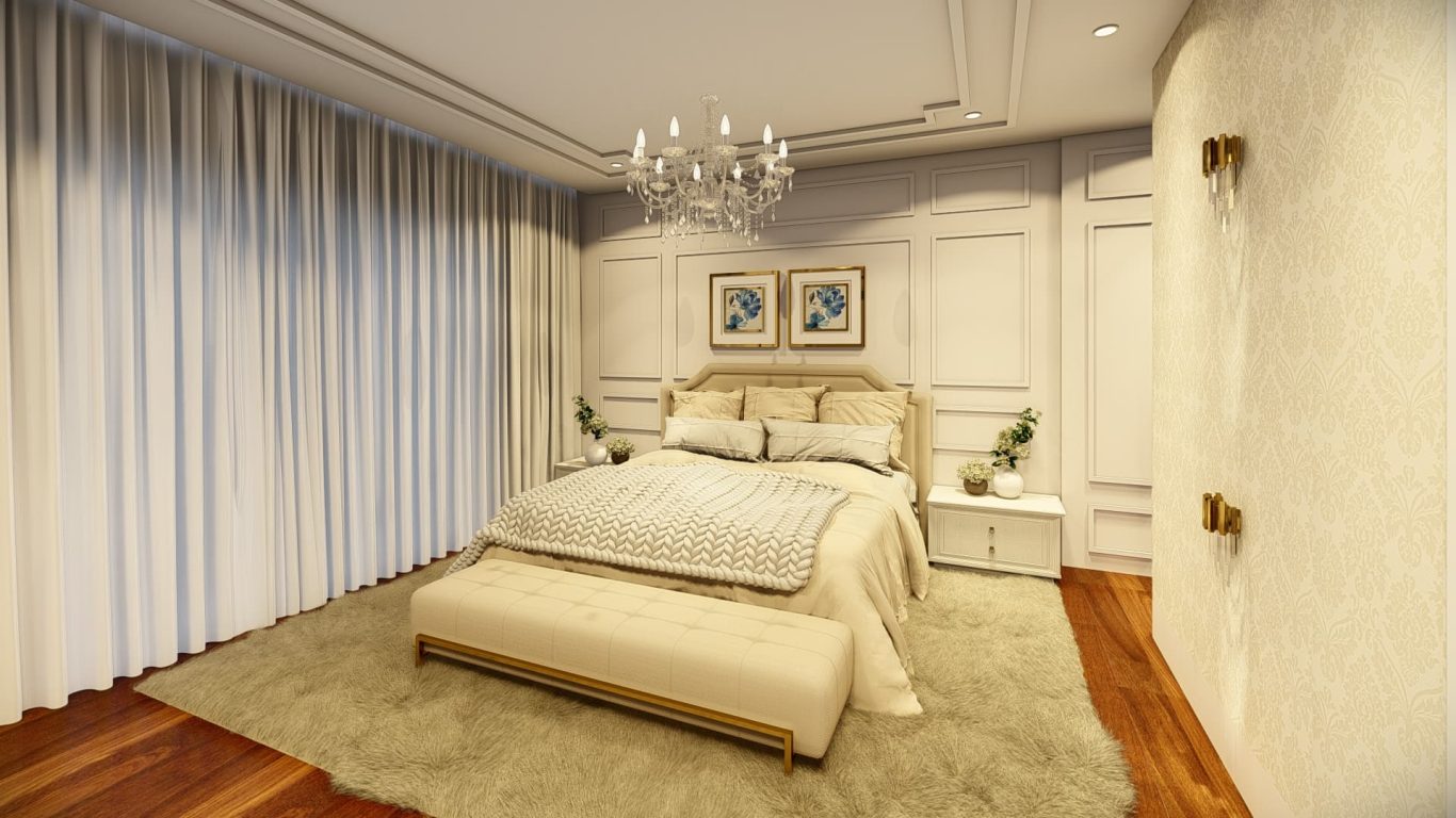 Suíte Estilo Neoclássica com Lustre de Cristal e Cores Neutras