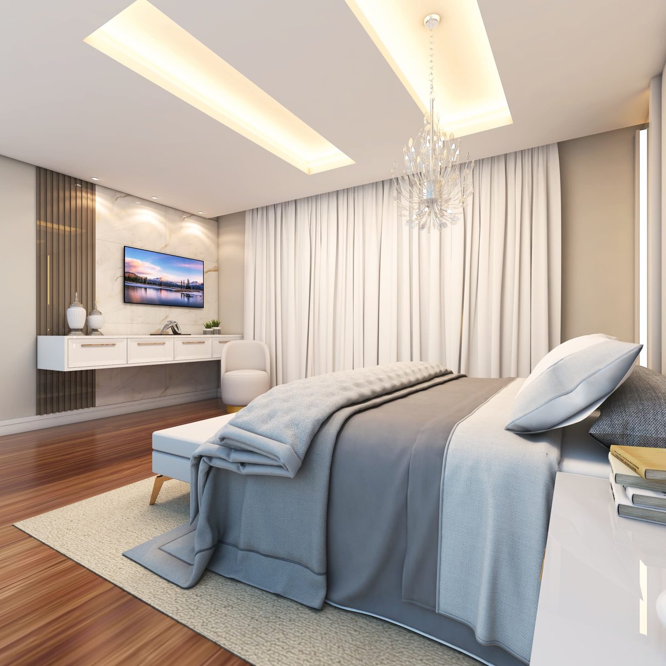 Suíte Estilo Neoclássica com Lustre de Cristal e Tons Neutros Sofisticados