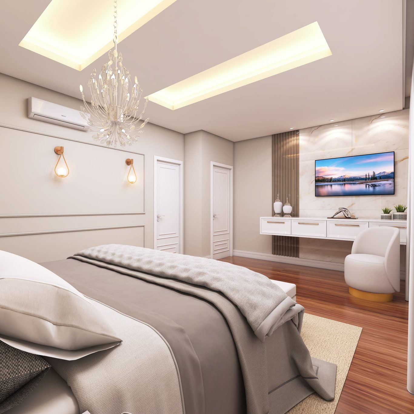 Suíte Estilo Neoclássica com Lustre de Cristal e Tons Neutros Sofisticados