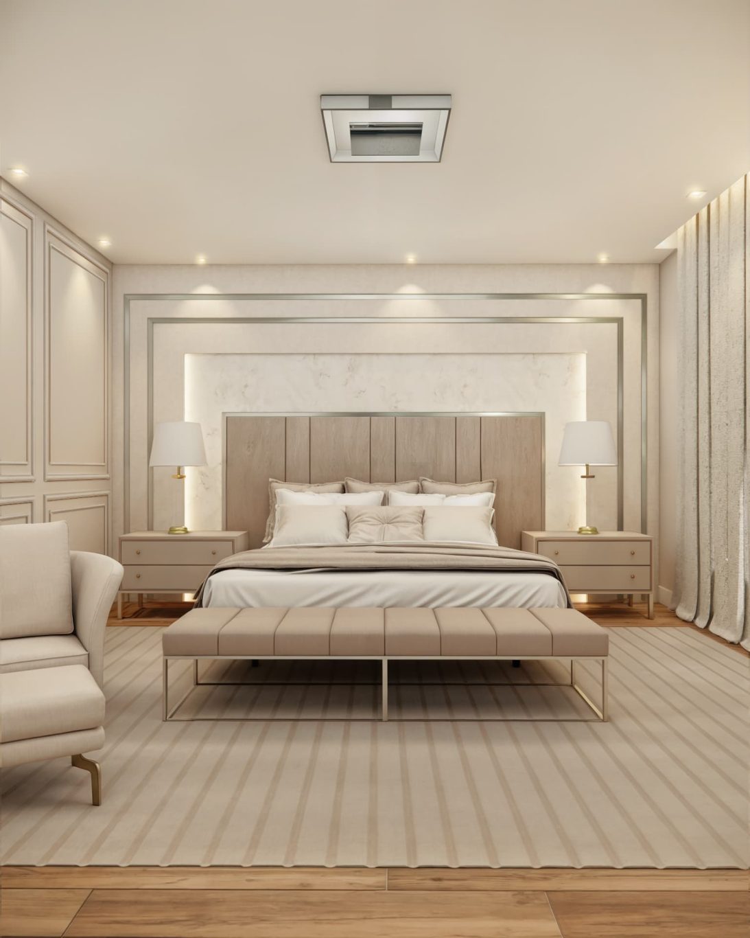 Suíte Estilo Neoclássica com Móveis Simétricos e Iluminação Dourada