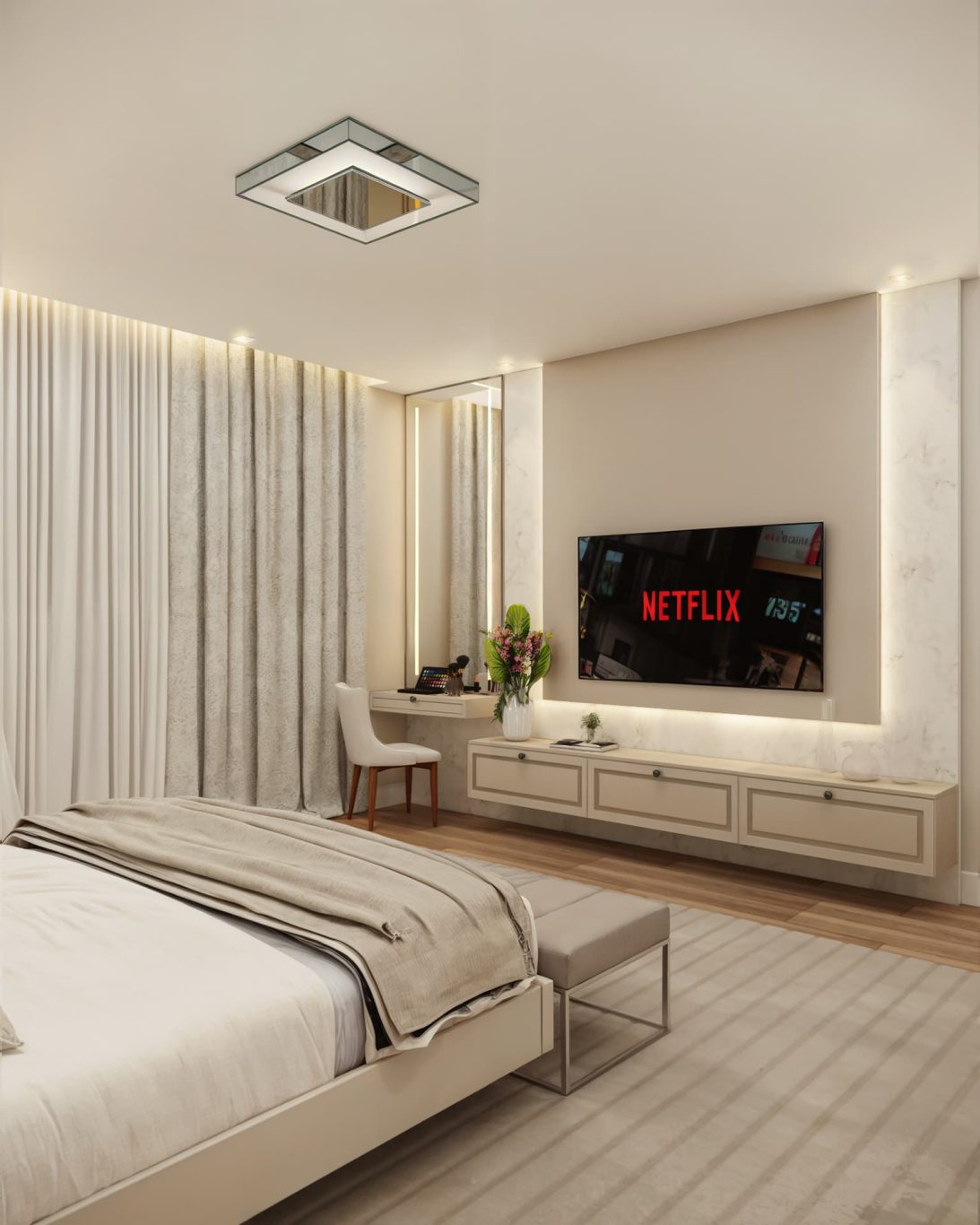 Suíte Estilo Neoclássica com Móveis Simétricos e Iluminação Dourada