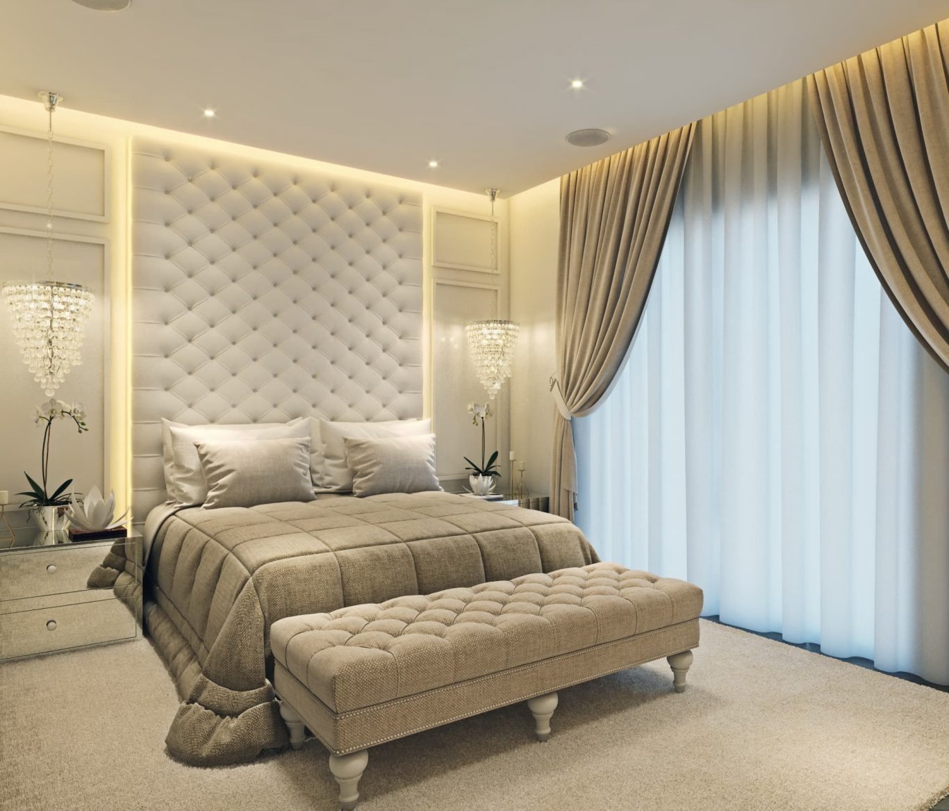 Suíte Neoclássica Cores Neutras e Lustre de Cristal