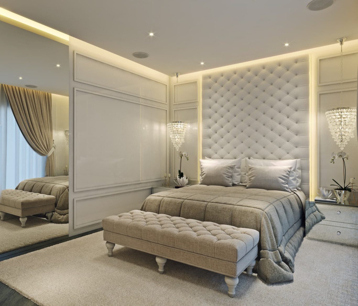 Suíte Neoclássica Cores Neutras e Lustre de Cristal