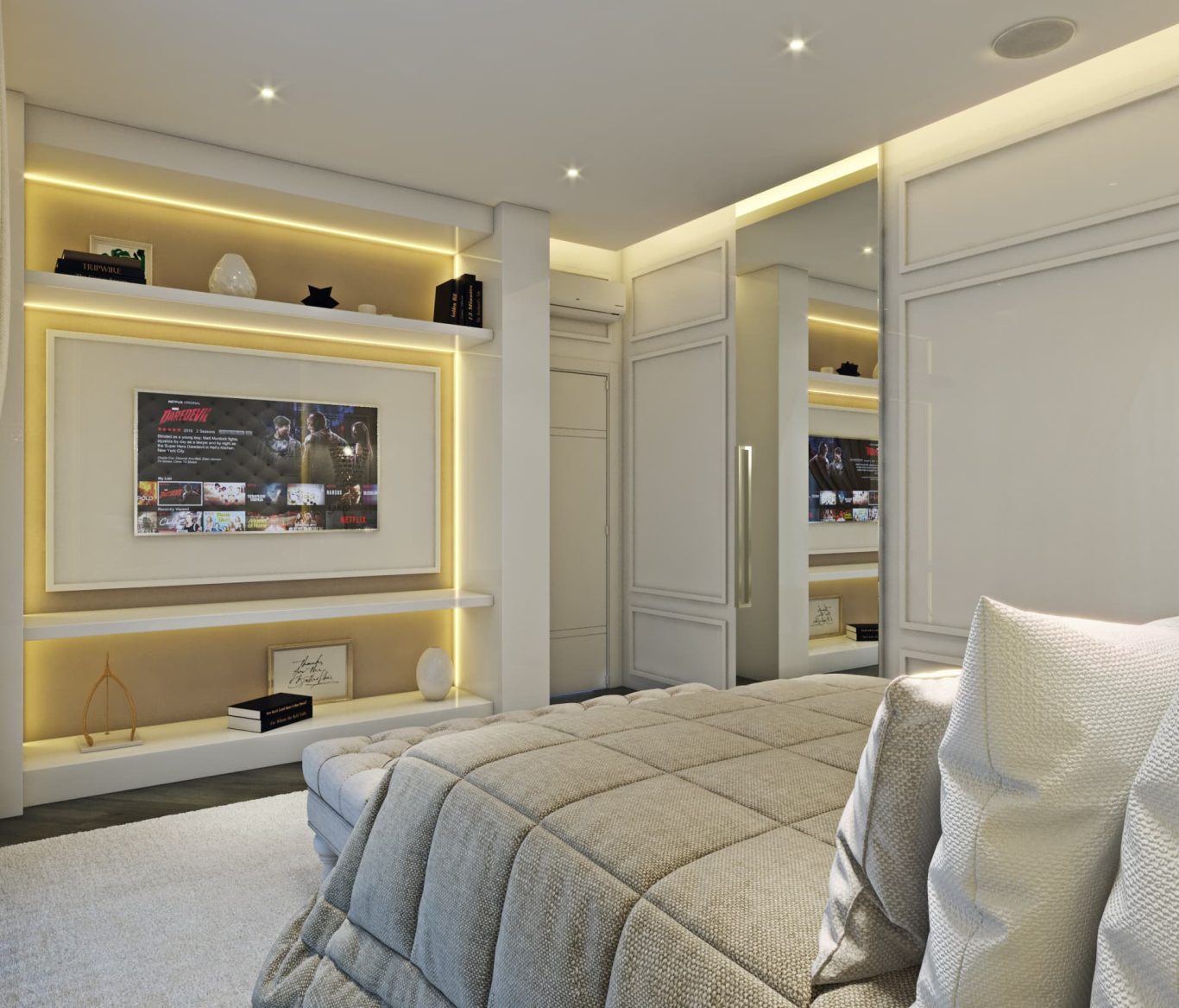 Suíte Neoclássica Cores Neutras e Lustre de Cristal