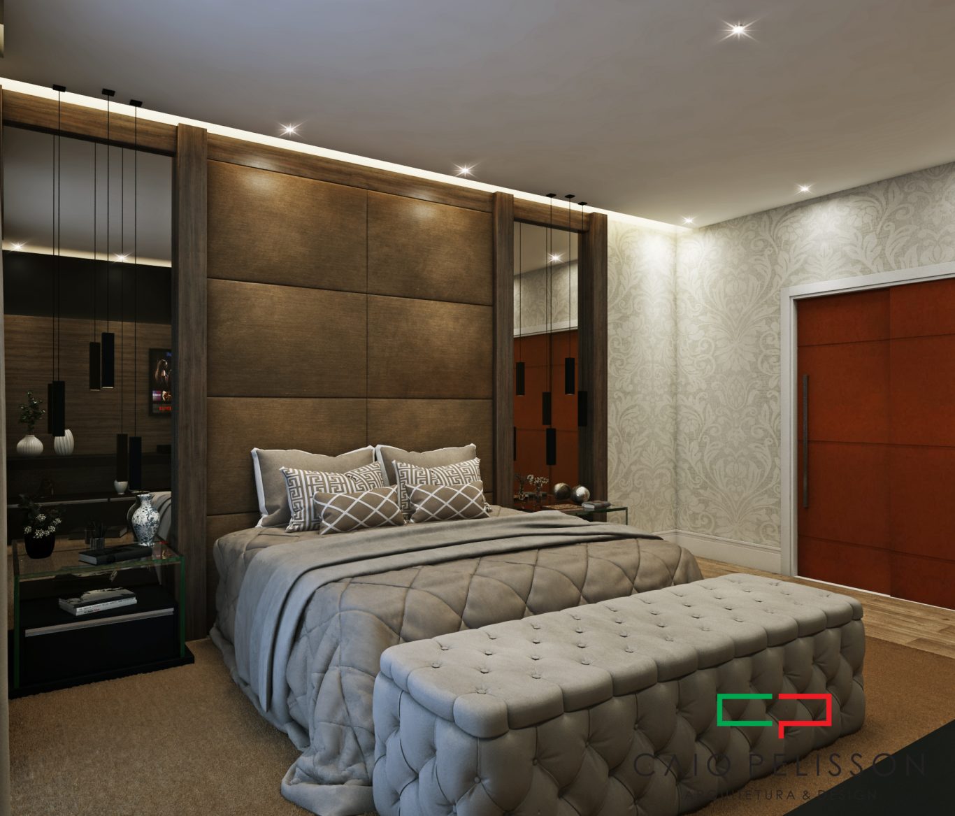 Suíte Refinada com Cortinas Pesadas e Papel de Parede Adamascado