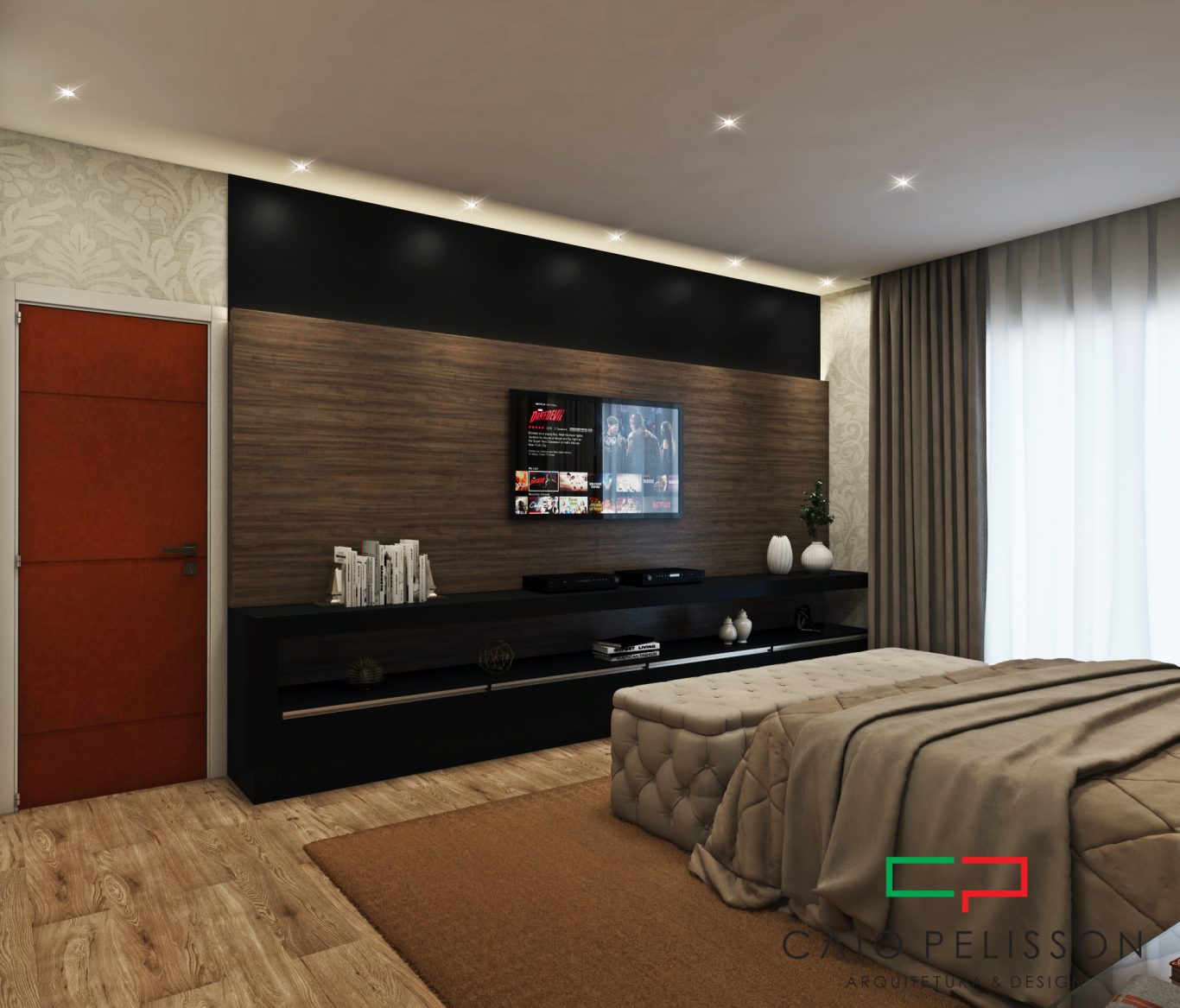 Suíte Refinada com Cortinas Pesadas e Papel de Parede Adamascado