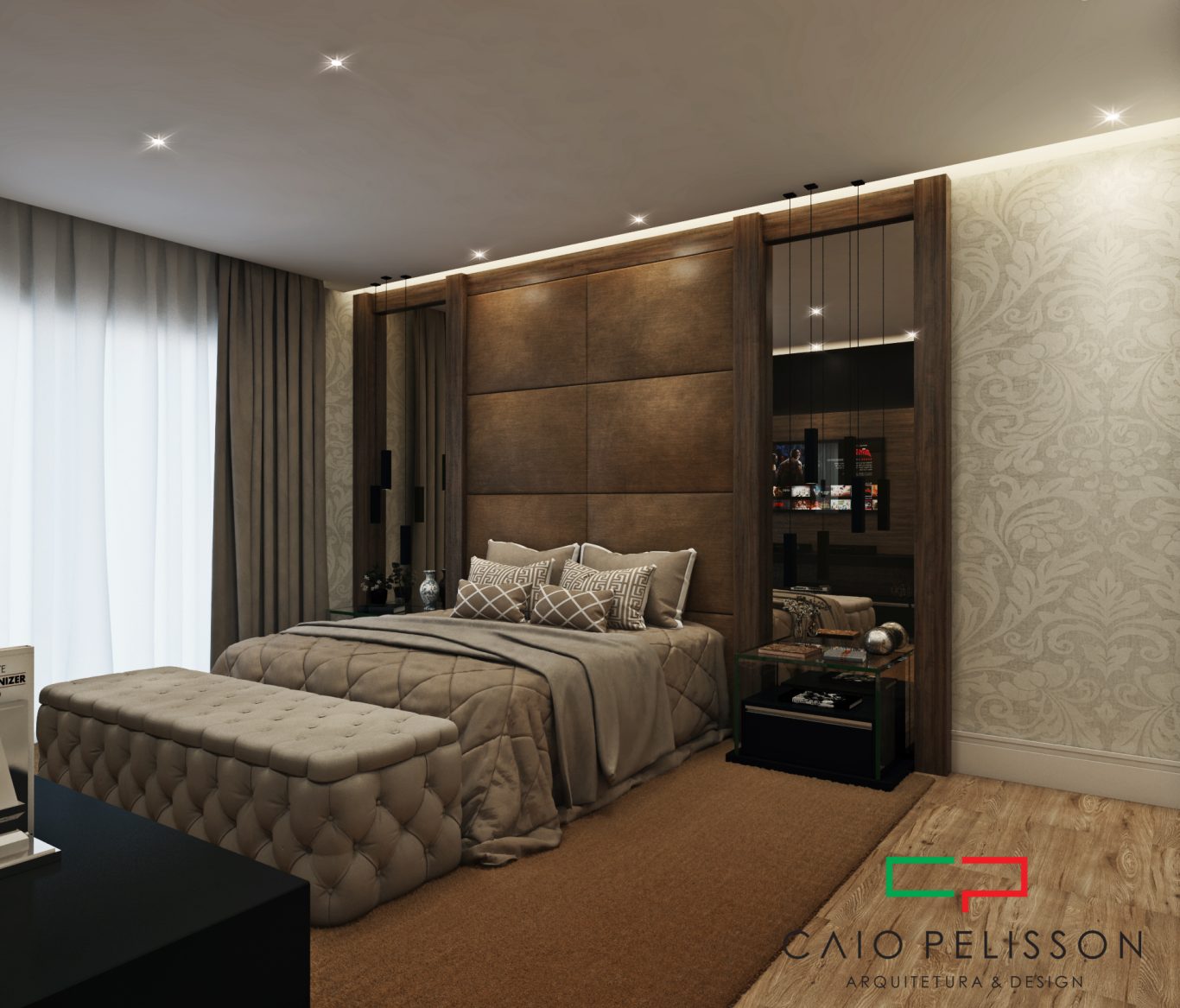 Suíte Refinada com Cortinas Pesadas e Papel de Parede Adamascado