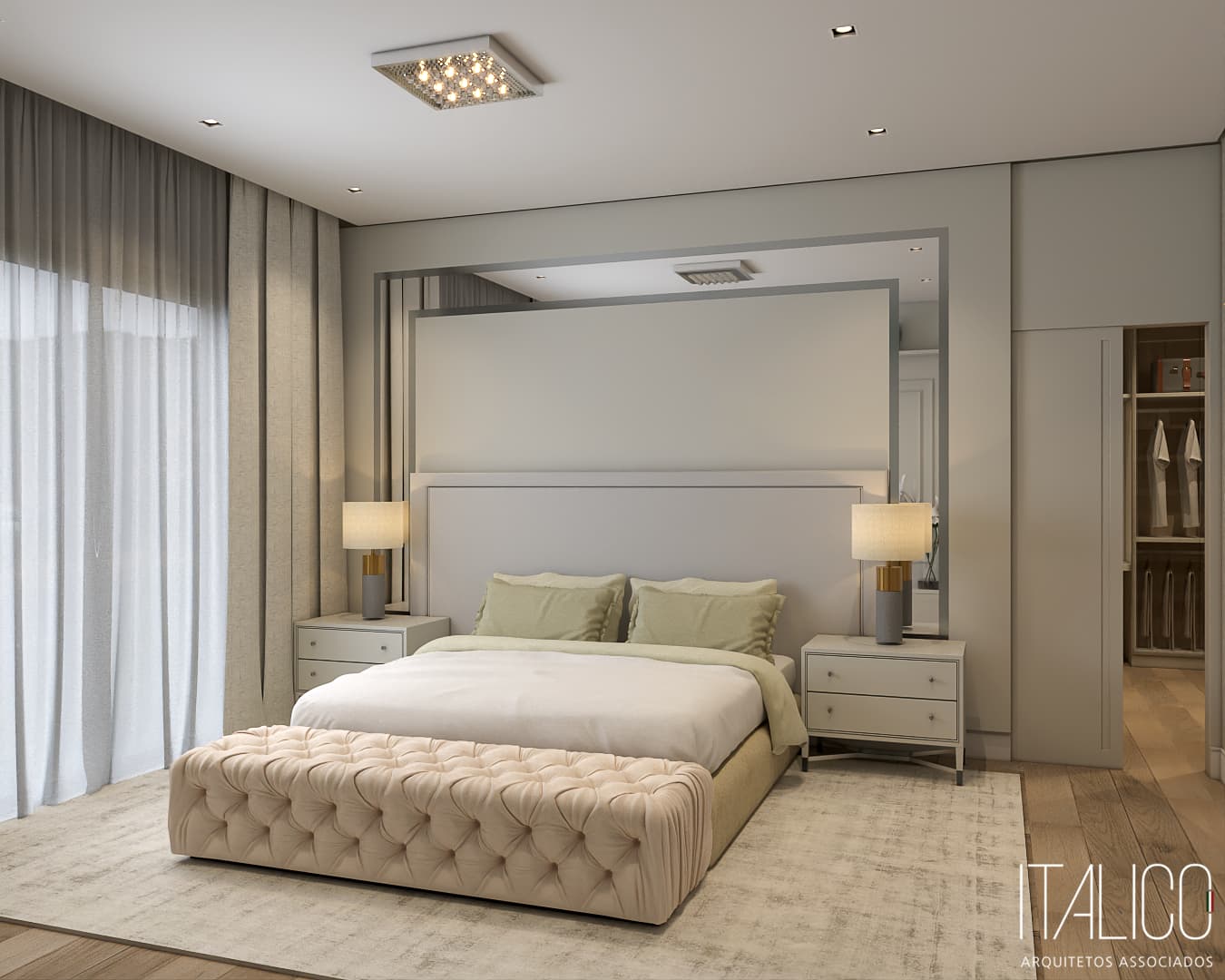 Suíte Sofisticada com Iluminação Indireta e Acabamentos Estilo Clássico