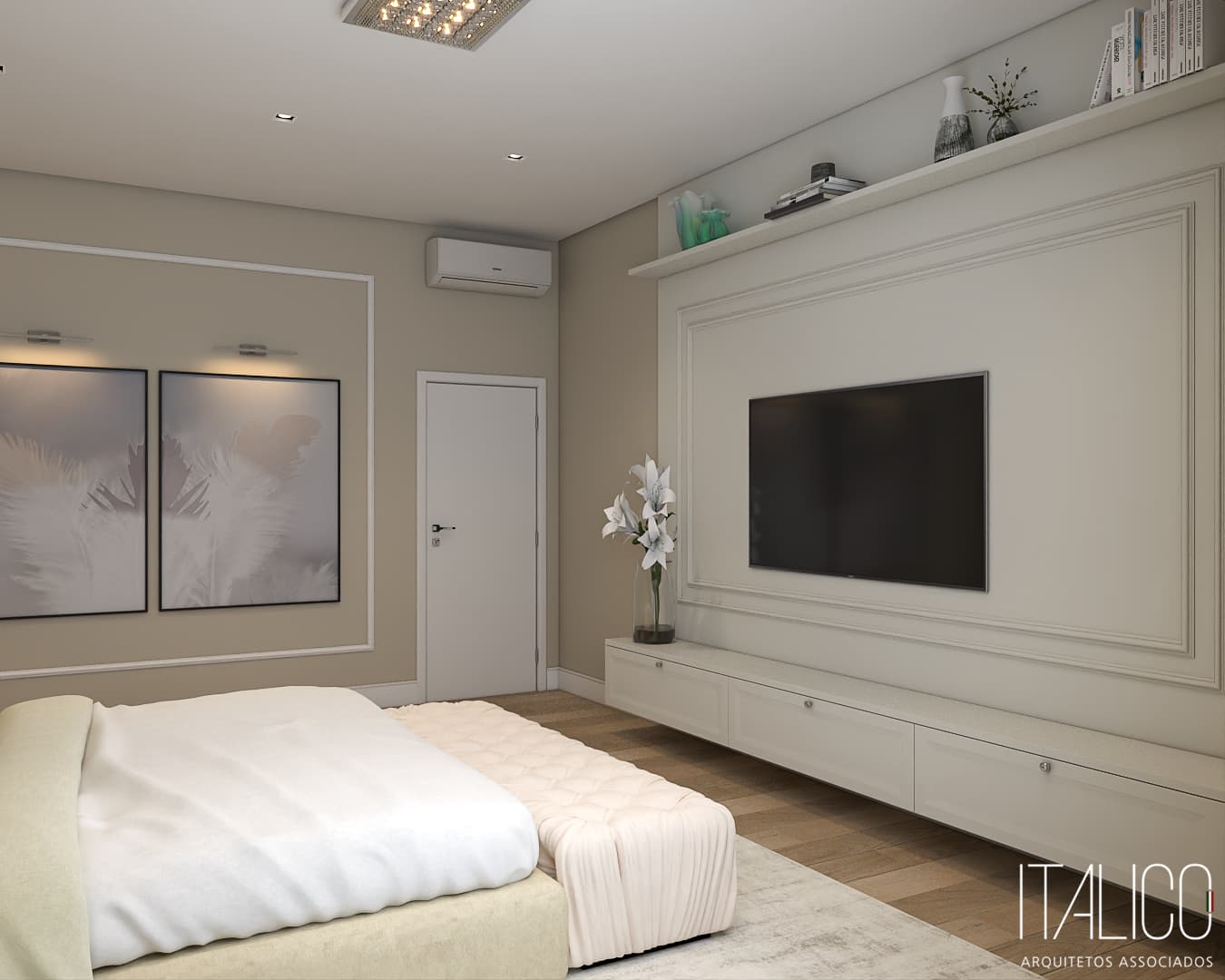 Suíte Sofisticada com Iluminação Indireta e Acabamentos Estilo Clássico