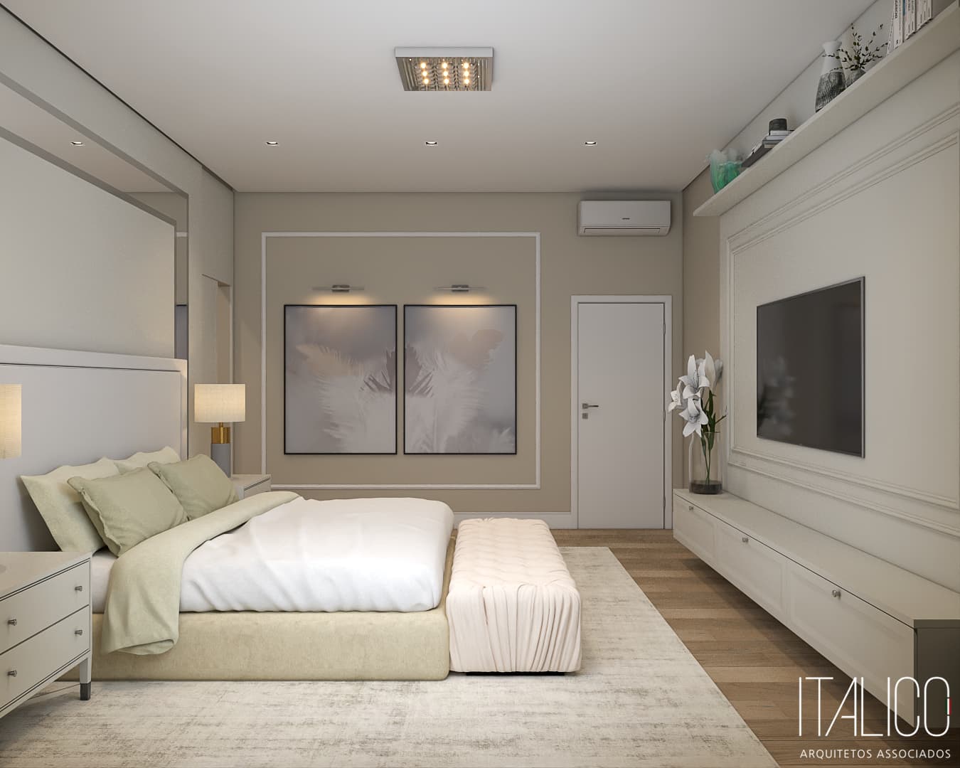 Suíte Sofisticada com Iluminação Indireta e Acabamentos Estilo Clássico