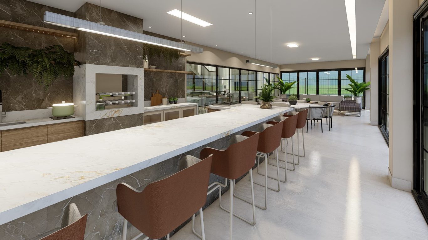 Área Gourmet com Balcão de Mármore Branco no Estilo Neoclássico