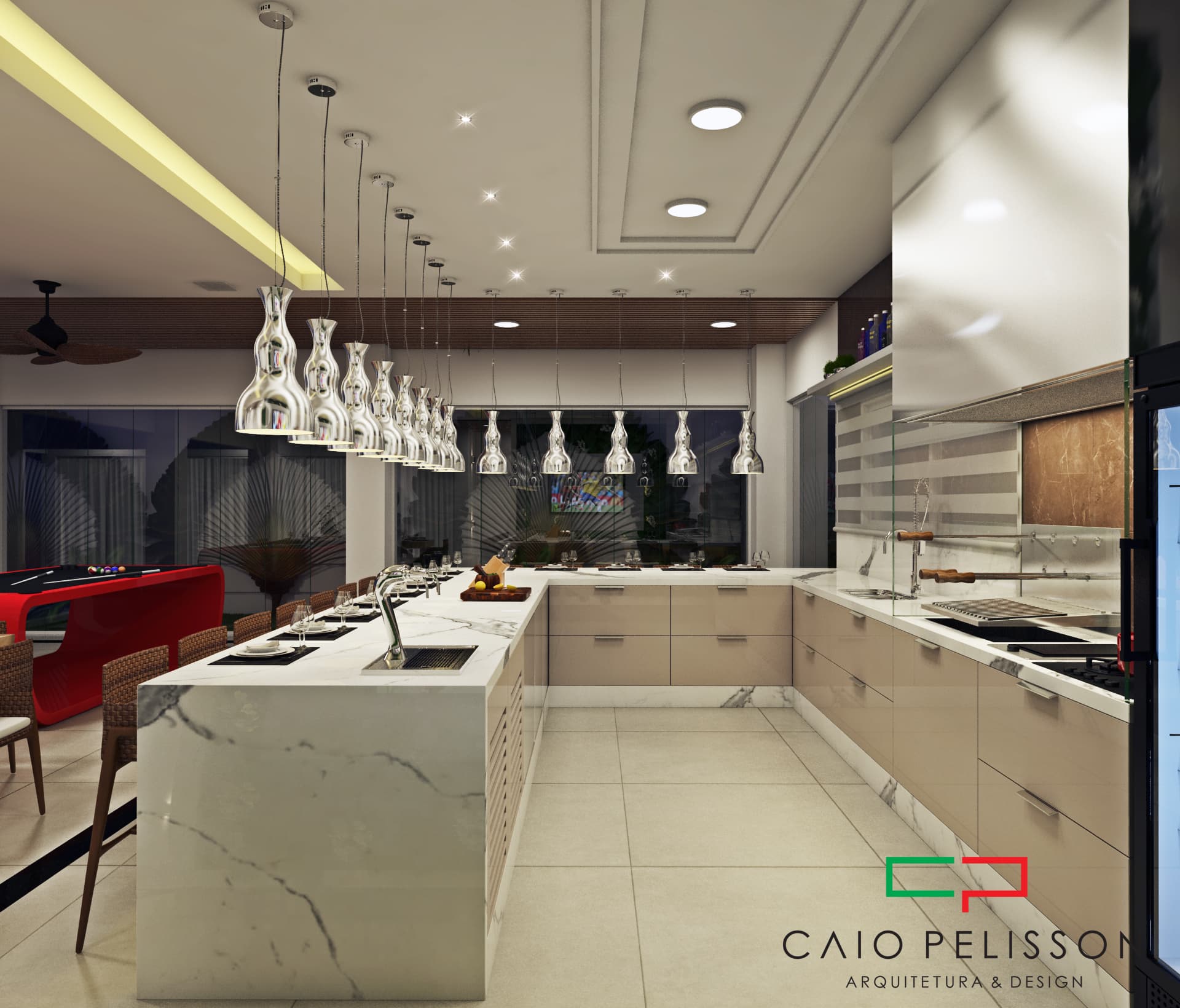 Área Gourmet com Bancada Clara e Luminárias Pratas - Italico Special Homes