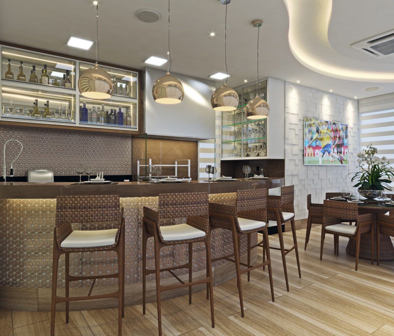 Área Gourmet com Cores Claras e Iluminação Dourada