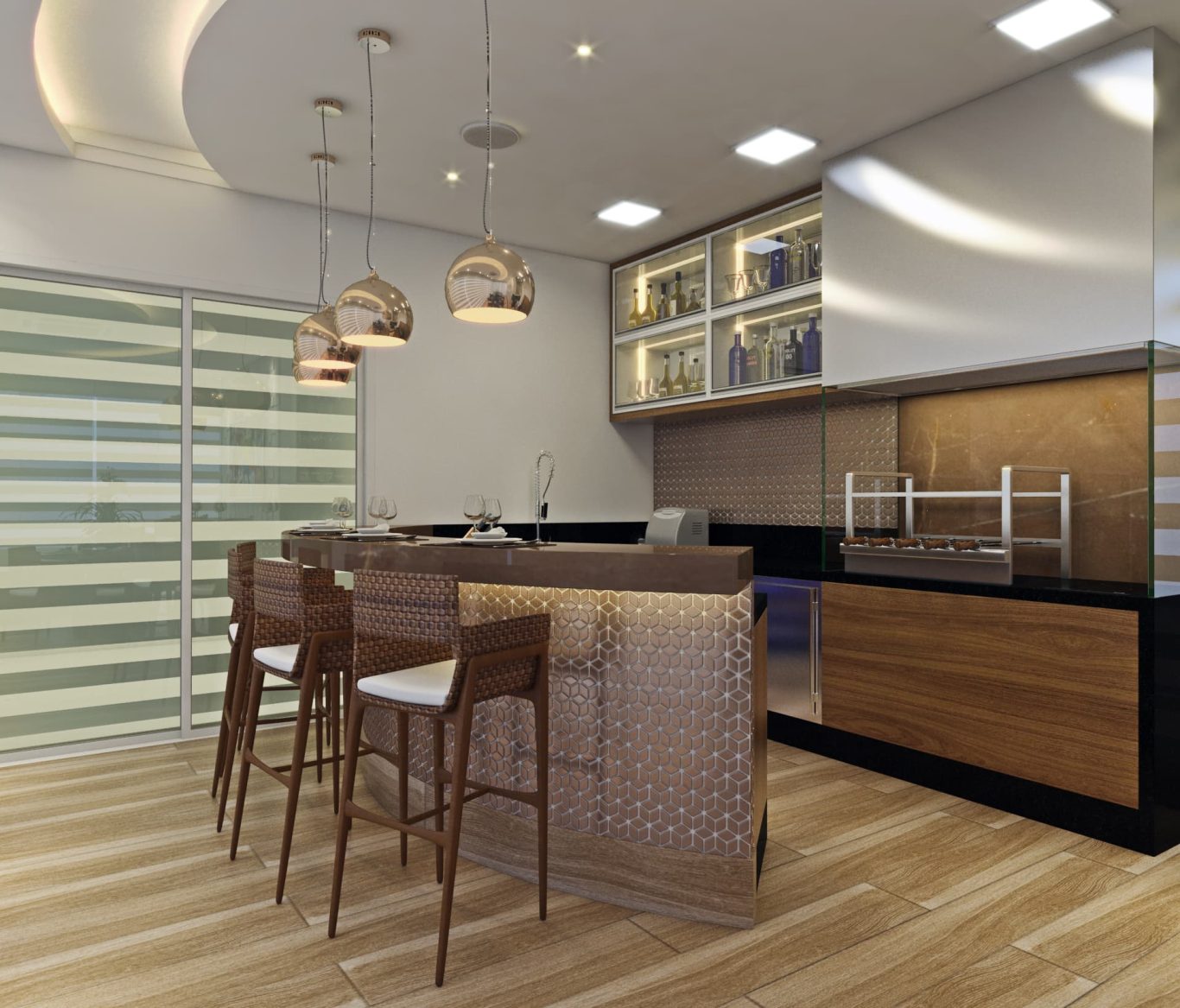 Área Gourmet com Cores Claras e Iluminação Dourada