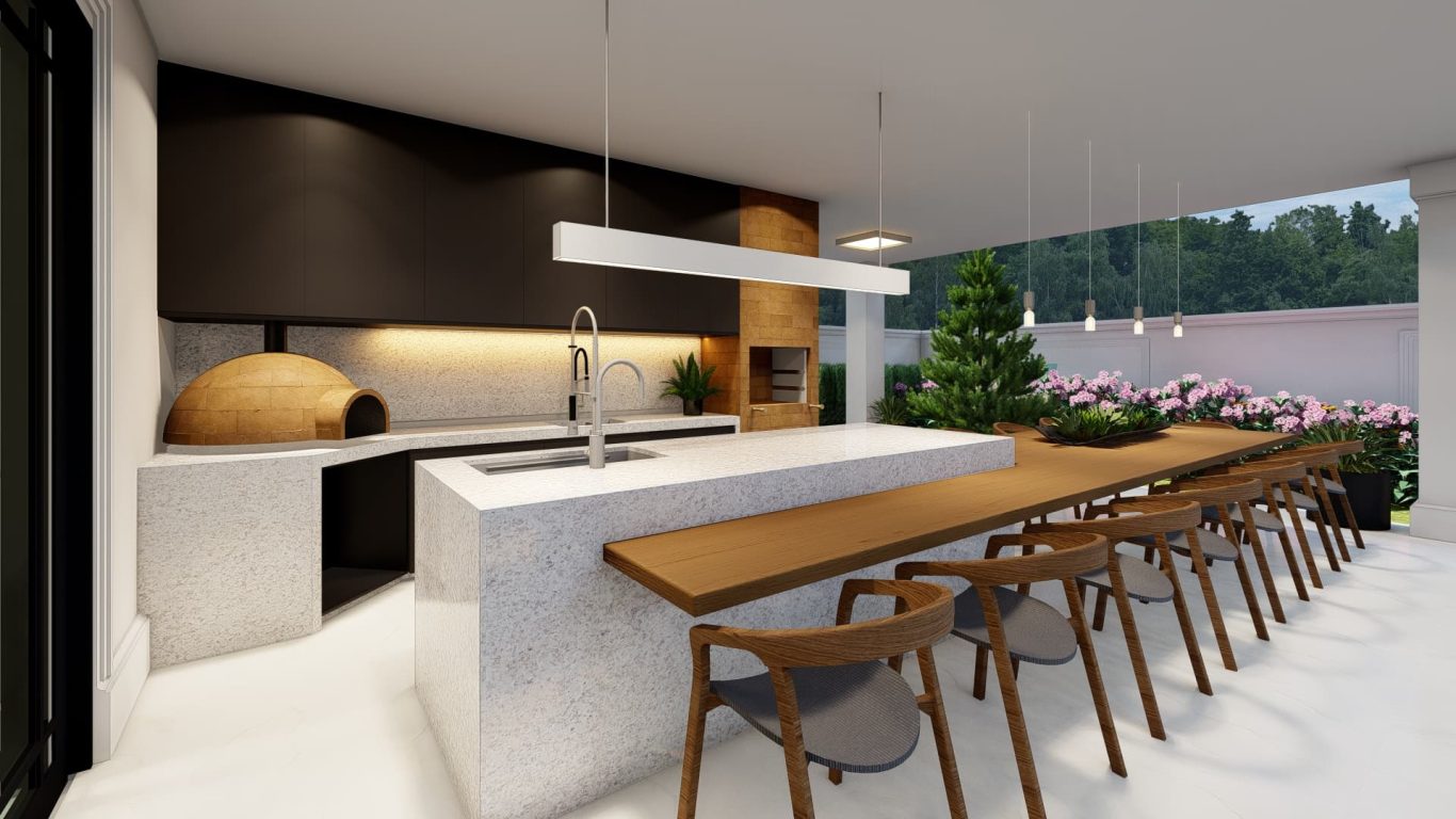 Área Gourmet com Luminárias Sofisticadas e Bancada em Mármore
