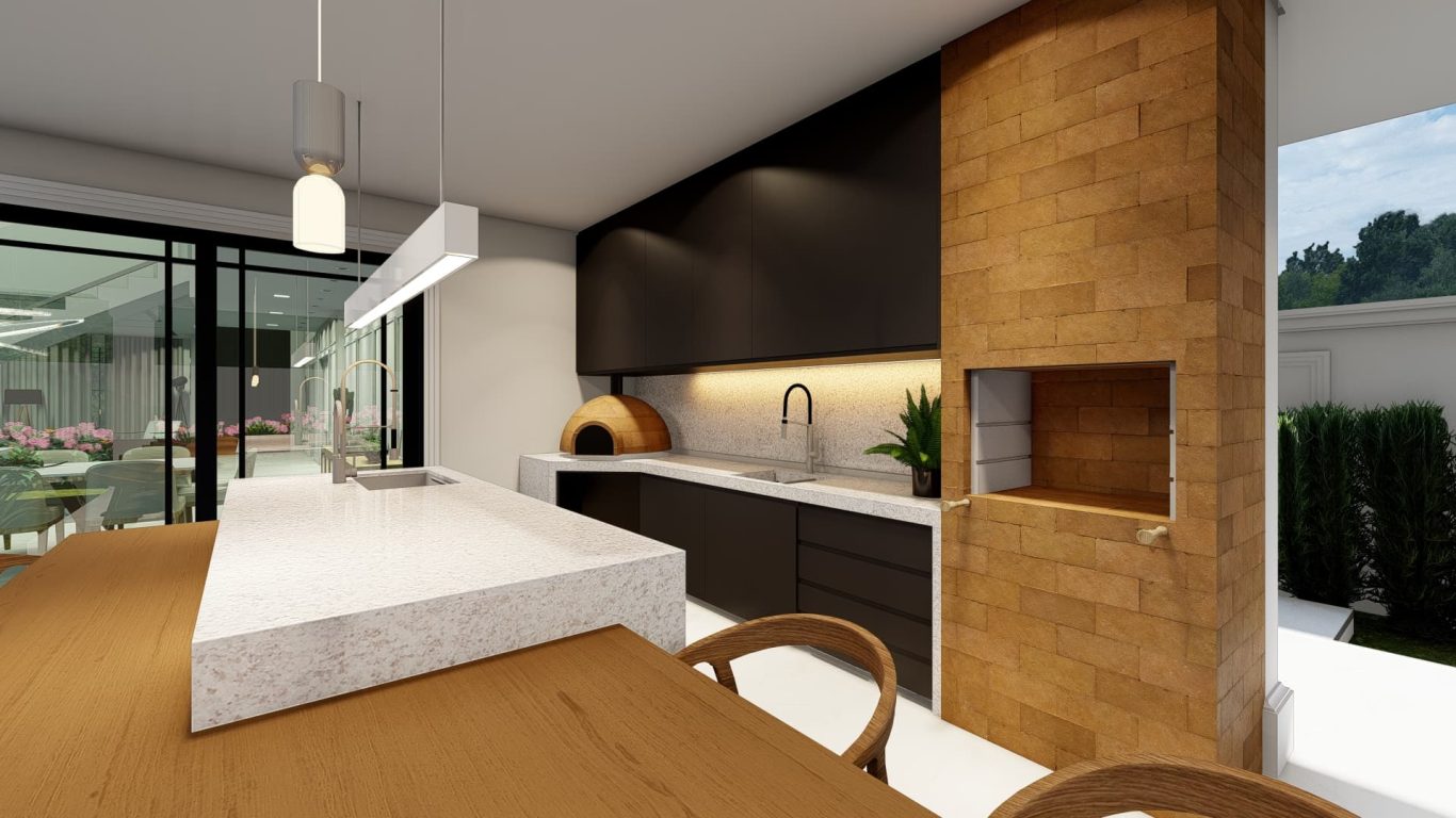 Área Gourmet com Luminárias Sofisticadas e Bancada em Mármore