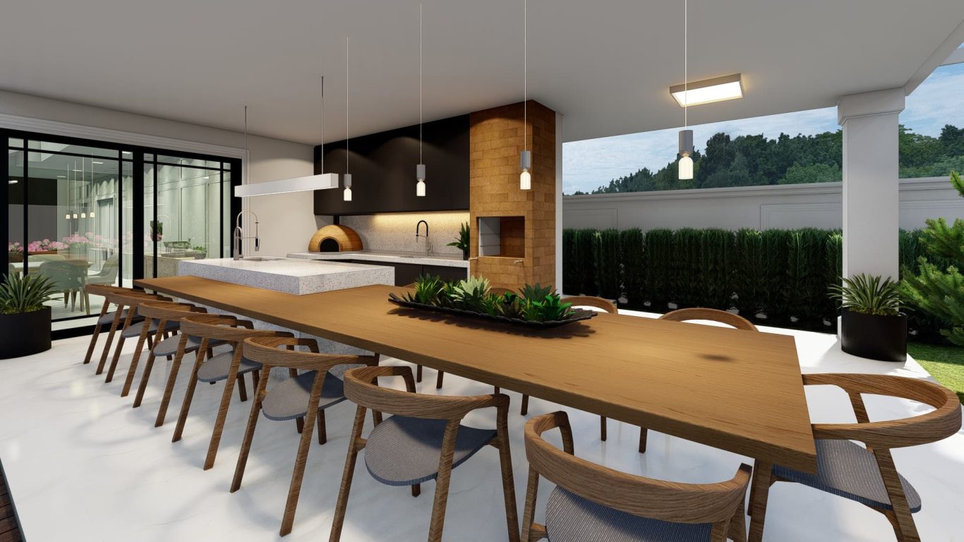 Área Gourmet com Luminárias Sofisticadas e Bancada em Mármore