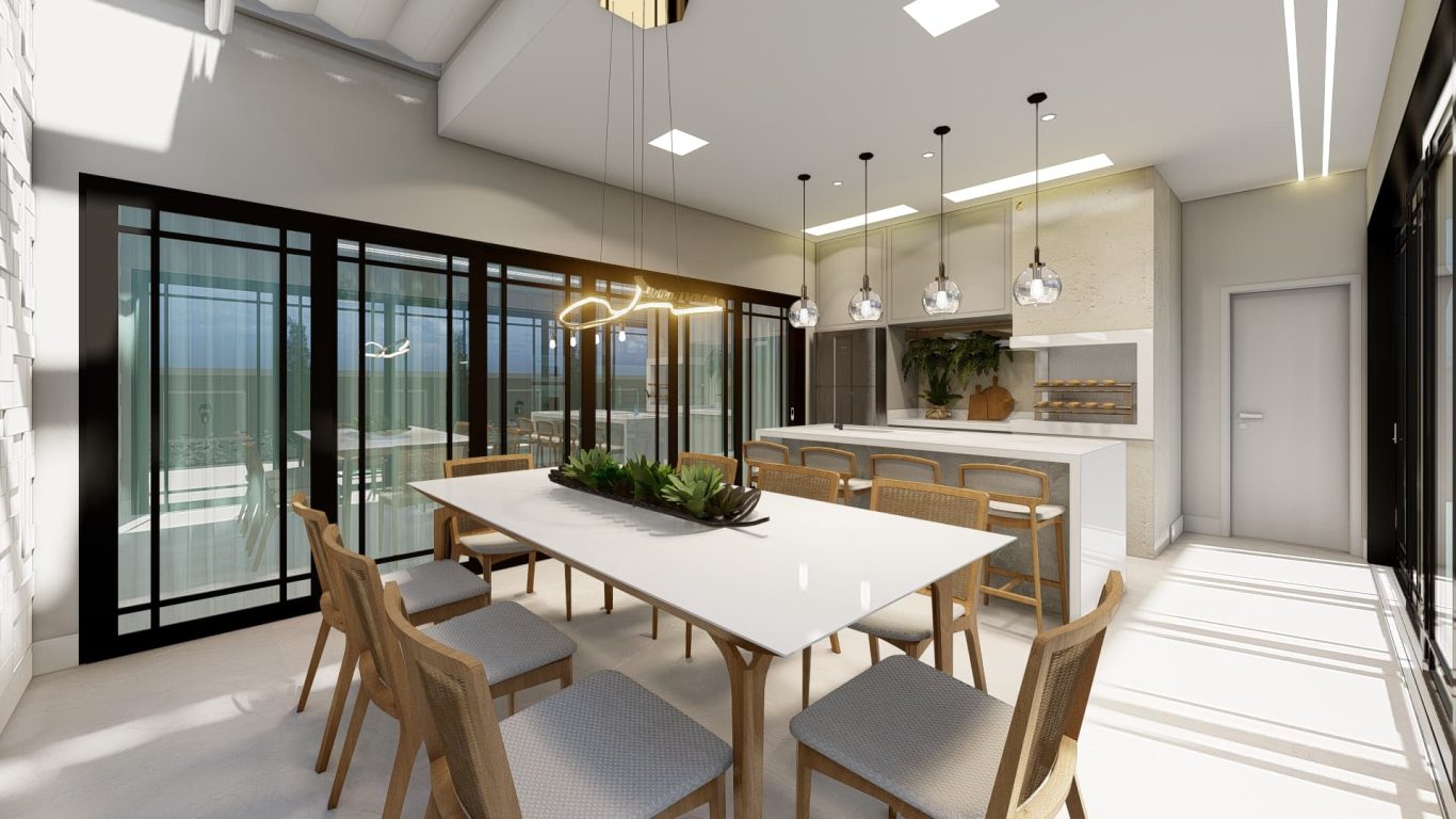 Área Gourmet Elegante com Mármore Branco e Pendentes