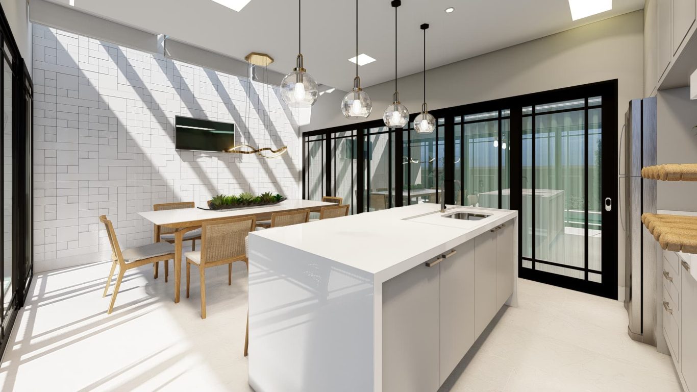 Área Gourmet Elegante com Mármore Branco e Pendentes