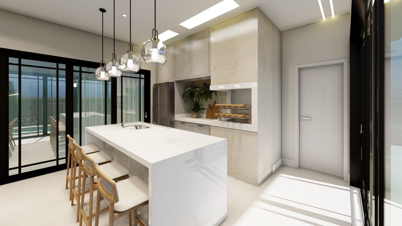 Área Gourmet Elegante com Mármore Branco e Pendentes