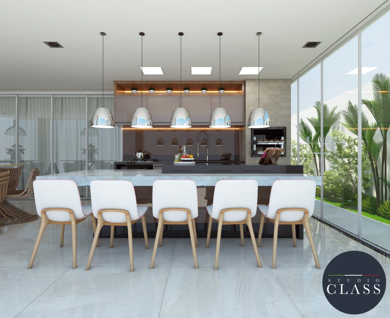 Área Gourmet Estilo Neoclássica com Mármore e Luminárias Pendentes