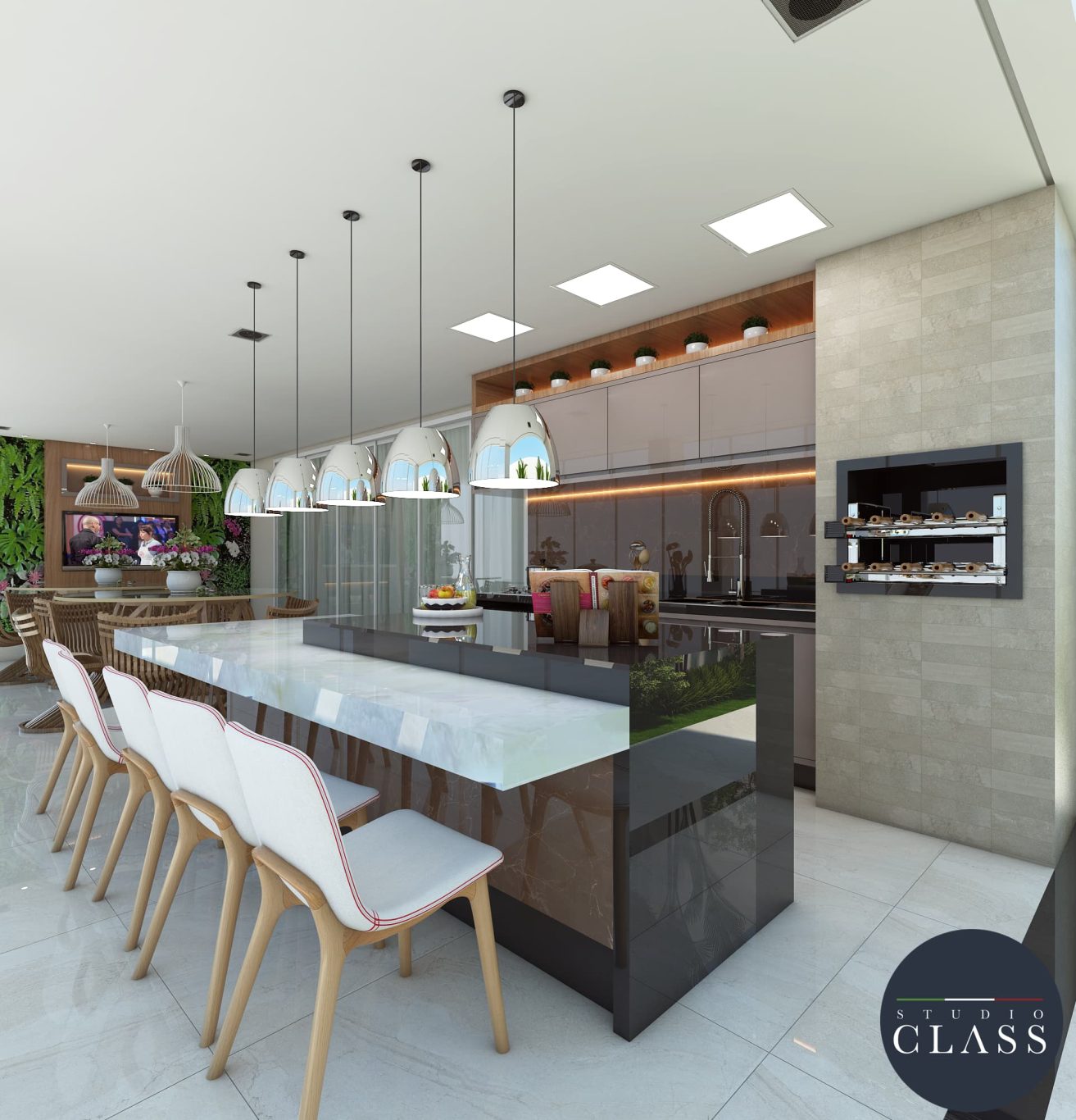 Área Gourmet Estilo Neoclássica com Mármore e Luminárias Pendentes